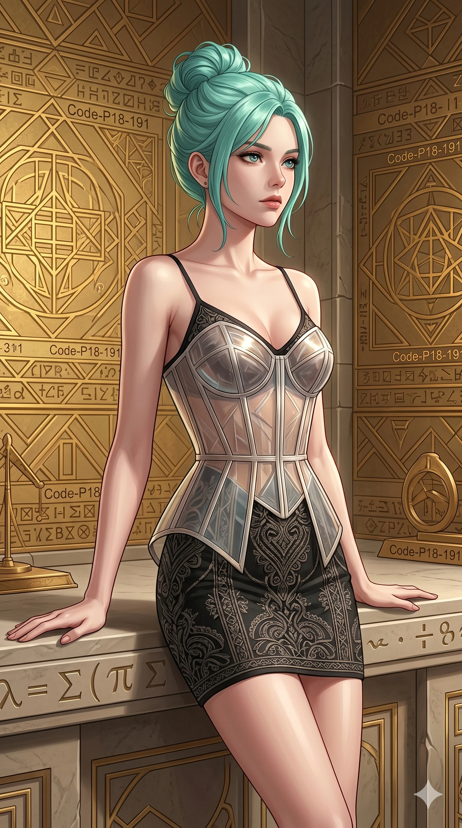 score_9, masterpiece, best quality, ultra-detailed, high-budget anime keyframe, editorial fashion photography, tasteful artistic composition, Japanese woman. cowboy shot from the thighs up, character and outfit filling the frame for maximum editorial presence. resting both hands on the stone ledge, looking past the camera in deep thought inside a mathematical temple room with golden geometric patterns on the walls (Code-P18-191). She has an absolutely perfect 8-heads proportion, an exceptionally tall and slender female figure with impossibly long slender legs and an ultra-slim waist. V-shaped jawline, high-bridge nose, intricate jewel-like eyes with depth, thick eyelashes, glossy lips with a natural sheen. wearing a translucent structured bodice over a black patterned embroidery slip dress. bright cinematic key light tracing the sleek contours of her athletic figure. 2k, ultra detail, master piece, 9:16 ratio