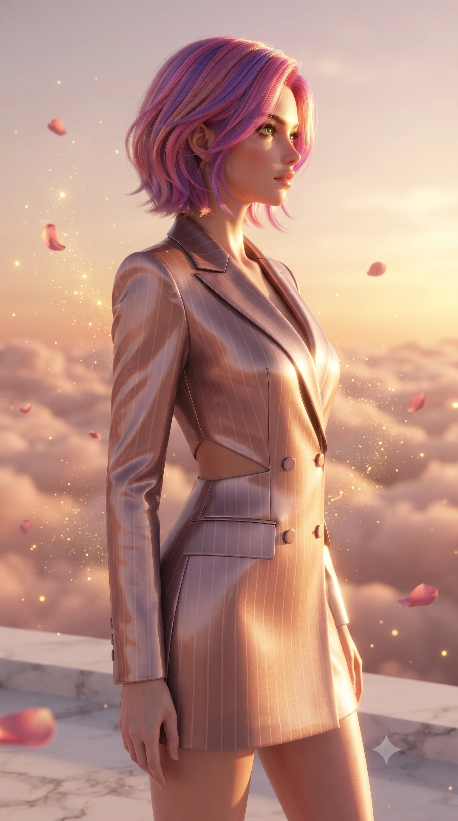 score_9, masterpiece, best quality, ultra-detailed, high-budget anime keyframe, editorial fashion photography, tasteful artistic composition, Caucasian woman. close-up cowboy shot from the waist and thighs up, the character dominates the composition, filling the frame with her large presence, background elements kept in soft focus. Turning her face in sharp dramatic profile against the bright light, showcasing her sharp v-shaped jawline standing on a floating white marble terrace above a sea of rose-gold clouds, floating rose petals and golden dust motes sparkling in the air. She has an exceptionally elegant, slender, and willowy female figure with an ultra-slim waist, a gracefully sculpted slender torso, and a refined silhouette. sharp v-shaped jawline, high-bridge nose, intricate jewel-like eyes with depth, thick eyelashes, glossy lips with a natural sheen. wearing a double-breasted blazer dress with metallic pin-stripes in dusty rose and champagne gold, tailored from high-gloss patent leather, featuring subtle geometric cutouts that highlight her ultra-slim midriff, the glove-like fit emphasizing her statuesque silhouette. illuminated by soft glowing sunset radiance with dramatic golden rim highlights. ultra-reflective glossy finish, specular highlights, metallic sheen, high-contrast stereoscopic depth, volumetric dynamic lighting, 2k, ultra detail, master piece, 9:16 ratio