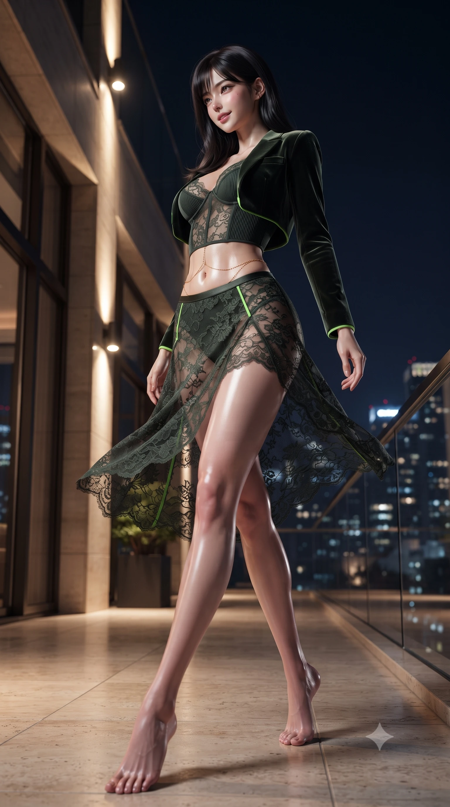 score_9, masterpiece, best quality, ultra-detailed, high-budget anime keyframe, editorial fashion photography, tasteful artistic composition, Korean woman. low angle full-body shot from head to toe showing her feet, filling the entire 9:16 vertical frame with her statuesque presence, stretching her vertical silhouette. executing a slow, graceful pivot turn as her skirt sways around her slender legs, glancing back with an enchanting, teasing sensual expression while twisting her slender torso in an alluring contrapposto stance, night city lights reflecting off her form-fitting outfit and curvy hips. The surrounding environment is rendered in vivid detail and crisp panoramic clarity: sharp polished travertine stone balcony floor, glass guardrail clamps, and laser optic lenses in deep focus. She has an absolutely perfect, statuesque 8.5-heads proportion, an exceptionally tall and slender model-like female figure with impossibly long slender legs, an ultra-slim waist, a flat toned midriff, narrow delicate ribcage, and beautifully sculpted feminine hips creating a graceful, slim hourglass silhouette without any bulky heaviness. sharp v-shaped jawline, high-bridge nose, sparkling eyes with hypnotic seductive depth, thick curled eyelashes, glossy parted lips with a natural dewy peach sheen, alluring bedroom-eyes with an enchanting coquettish smile, exuding magnetic siren charisma and sophisticated glamour, flawlessly proportioned anatomical accuracy, strict slender model proportions, natural body alignment, perfectly sculpted long slender limbs, ultra-slim waistline, clean dynamic posture without body distortion. wearing a delicate sheer floral lace dancer teddy layered under an open tailored velvet bolero draped over bare shoulders in stealth night-vision green and carbon charcoal with neon accents, tailored from fine ribbed modal knit with gentle elastic contouring and soft hand-feel, accented with a dainty gold belly chain resting across her flat midriff and curving hips, the second-skin tailored fabric adhering flawlessly to her sculpted flat midriff and slender torso, emphasizing her long leg lines and perfectly proportioned willowy build. bathed in warm architectural uplighting from the luxury penthouse terrace mixed with cool city night ambient fill. ultra-reflective glossy finish, specular highlights, rich textural contrasts, high-contrast stereoscopic depth, volumetric dynamic lighting, 2k, ultra detail, master piece, 9:16 ratio