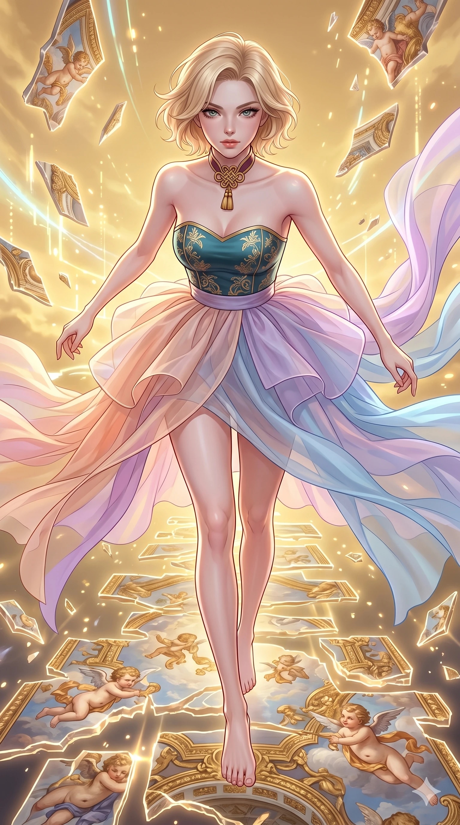 score_9, masterpiece, best quality, ultra-detailed, high-budget anime keyframe, Caucasian woman, strictly human ears. upper body close-up from the thighs up, character filling the screen for maximum presence. propelling herself off digital baroque ceiling fresco shards that float and reassemble in a golden sky. She has an absolutely perfect 8-heads proportion, an exceptionally tall and slender female figure with impossibly long slender legs and an ultra-slim waist. V-shaped jawline, high-bridge nose, intricate jewel-like eyes with depth, thick eyelashes, glossy lips with a natural sheen.. wearing a modern fusion silk hanbok dress, featuring a silk bustier top, layered sheer organza skirts, and a traditional knot choker. enhanced by a luminous pastel spectrum glow, casting elegant rim lights on her shoulders and jawline. 2k, ultra detail, master piece, 9:16 ratio