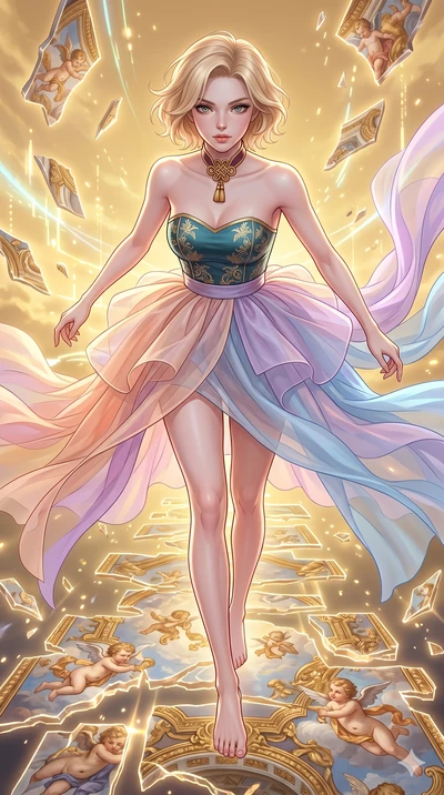 score_9, masterpiece, best quality, ultra-detailed, high-budget anime keyframe, Caucasian woman, strictly human ears. upper body close-up from the thighs up, character filling the screen for maximum presence. propelling herself off digital baroque ce