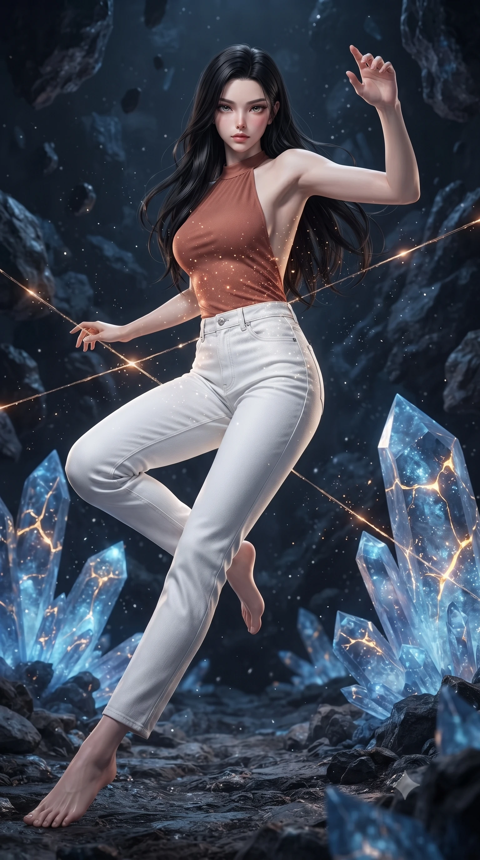 score_9, masterpiece, best quality, ultra-detailed, high-budget anime keyframe, editorial fashion photography, tasteful artistic composition, realistic cosplay photography, Korean woman. low angle full-body shot from head to toe showing her feet, filling the entire 9:16 vertical frame with her statuesque presence, stretching her vertical silhouette. dashing through rain-slicked cyberpunk alleyways, dodging laser tripwires with fluid agility through a valley of blue selenite crystals on a dark asteroid, stardust falling like sparkling snow in zero gravity. She has a statuesque 8.5-heads proportion, an exceptionally tall, slender and willowy model-like build with impossibly long legs and a highly sculpted ultra-slim waist. sharp v-shaped jawline, high-bridge nose, intricate jewel-like eyes with depth, thick eyelashes, glossy lips with a natural sheen. wearing catching and diffusing the glowing particles, shimmering softly in response to the surrounding light, a body-hugging backless halter-neck top in muted terracotta, paired with high-waisted white denim trousers. glowing kintsugi gold light radiating from cracks in the environment creating a majestic inner glow. ultra-reflective glossy finish, specular highlights, metallic sheen, high-contrast stereoscopic depth, volumetric dynamic lighting, 2k, ultra detail, master piece, 9:16 ratio