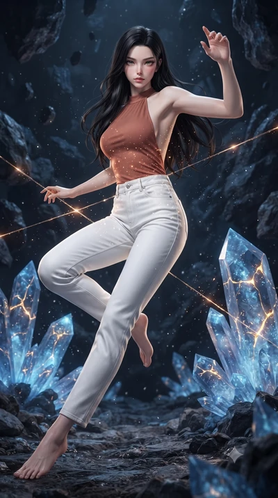 score_9, masterpiece, best quality, ultra-detailed, high-budget anime keyframe, editorial fashion photography, tasteful artistic composition, realistic cosplay photography, Korean woman. low angle full-body shot from head to toe showing her feet, fil