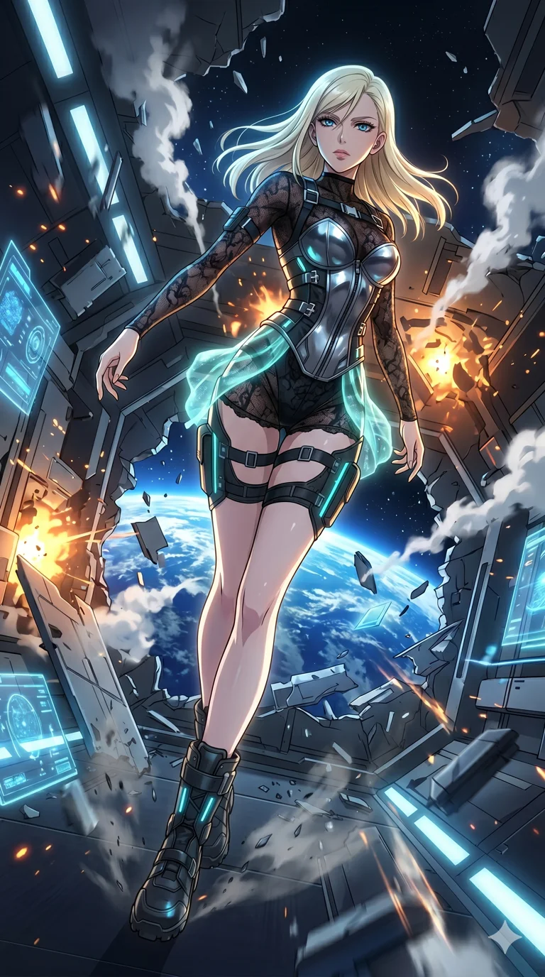 score_9, masterpiece, best quality, ultra-detailed, High-budget Anime Keyframe, vibrant colors, fluid line-art, expressive lighting, cinematic composition, Ufotable-style visual effects, top-tier animation quality, Caucasian woman with pale skin, blonde hair, and (strictly human ears). Dynamic full-body shot stretching the vertical silhouette, capturing her from a powerful low-angle perspective. Escaping a crumbling orbital space station amidst falling debris and venting atmosphere, the earth visible as a beautiful blue marble below. She has an absolutely perfect 8-heads proportion, an exceptionally tall and slender female figure with impossibly long slender legs and an ultra-slim waist, her statuesque height and towering silhouette dominating the vertical 9:16 frame. Her face is a masterpiece featuring a sharp v-shaped jawline, high-bridge nose, intricate jewel-like eyes with depth, thick eyelashes, and glossy lips with a natural sheen. She is wearing a Chrome-plated corset over a sheer lace base with tactical straps and metallic buckles crafted from Bioluminescent silk that emits a soft, ethereal glow from within the fabric, with integrated neon-lit tactical gear and suggestive cutouts on the thighs. The scene is set in a high-tech research laboratory with glowing glass tanks and complex holographic interfaces, illuminated by cinematic lighting with dramatic rim light that highlights her slender silhouette. 2k, ultra detail, master piece, 9:16 ratio