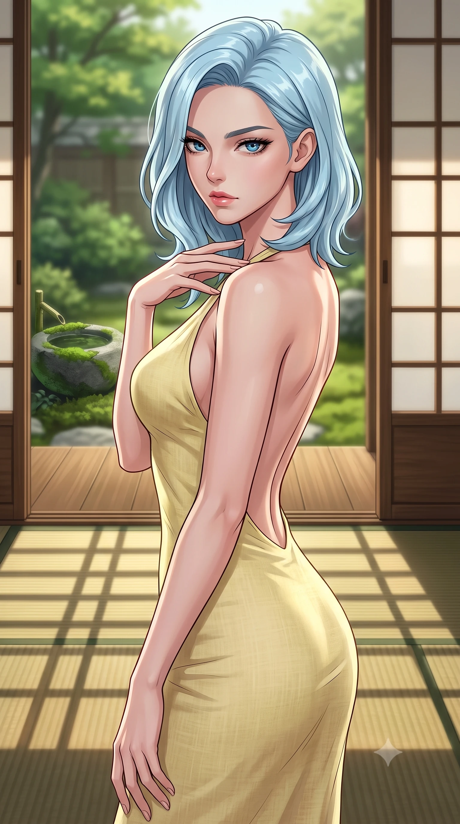 score_9, masterpiece, best quality, ultra-detailed, high-budget anime keyframe, tasteful artistic composition, Korean woman. close-up cowboy shot from the waist and thighs up, the character dominates the composition, filling the frame with her large presence, background elements kept in soft focus. standing with one hand resting on her collarbone, looking at the viewer with bedroom-eyes the background shows a soft-focus a private moss garden veranda facing a small stone basin through sliding doors. She has an exceptionally elegant, slender, and willowy female figure with an ultra-slim waist, a gracefully sculpted slender torso, and a refined silhouette. sharp v-shaped jawline, high-bridge nose, intricate jewel-like eyes with depth, thick eyelashes, glossy lips with a natural sheen. wearing a body-hugging backless summer sundress in pale yellow linen, showing her elegant shoulder blades. soft late afternoon sunrays casting long wooden grid shadows on the tatami. highly saturated vibrant anime colors, cel-shading, 2d style, master piece, 9:16 ratio