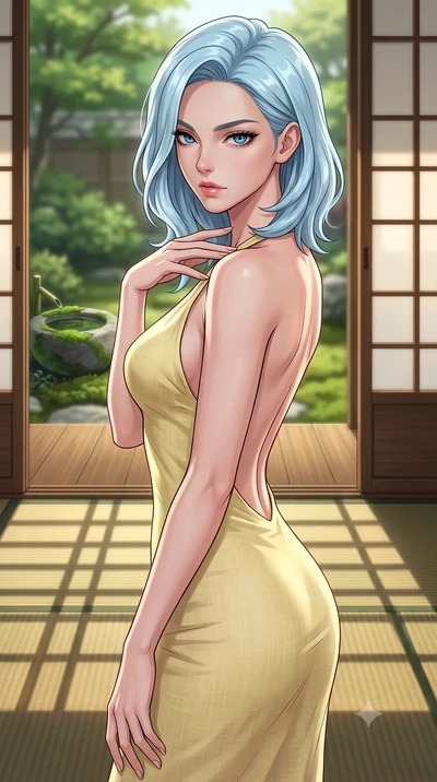 score_9, masterpiece, best quality, ultra-detailed, high-budget anime keyframe, tasteful artistic composition, Korean woman. close-up cowboy shot from the waist and thighs up, the character dominates the composition, filling the frame with her large 