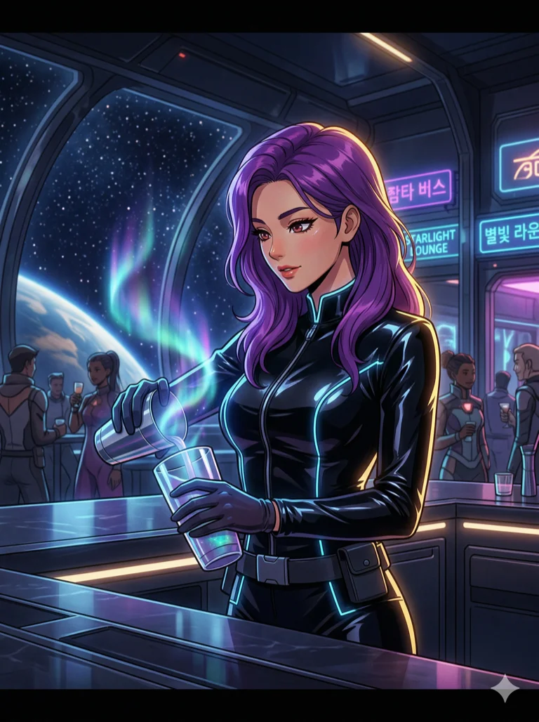 score_9, masterpiece, best quality, ultra-detailed, highend animation keyframe, an incredibly beautiful Korean woman. Medium shot of upper body filling the frame. She is a bartender in a space station lounge, mixing a drink that creates a miniature aurora. She has an absolutely perfect 8-heads proportion, an exceptionally tall female figure with a voluptuous body and full bust. Her face is a highly detailed masterpiece featuring a v-shaped jawline, high-bridge nose, intricate jewel-like eyes, thick eyelashes, and glossy lips. She has vibrant purple flowing hair. She is wearing a high-cut glossy latex bartender uniform, highlighting her alluring silhouette. Neon lounge lights and starfield through the window, dramatic rim lighting, radiant glowing skin, cinematic dynamic light, 2k, ultra detail, master piece, 3:4 ratio