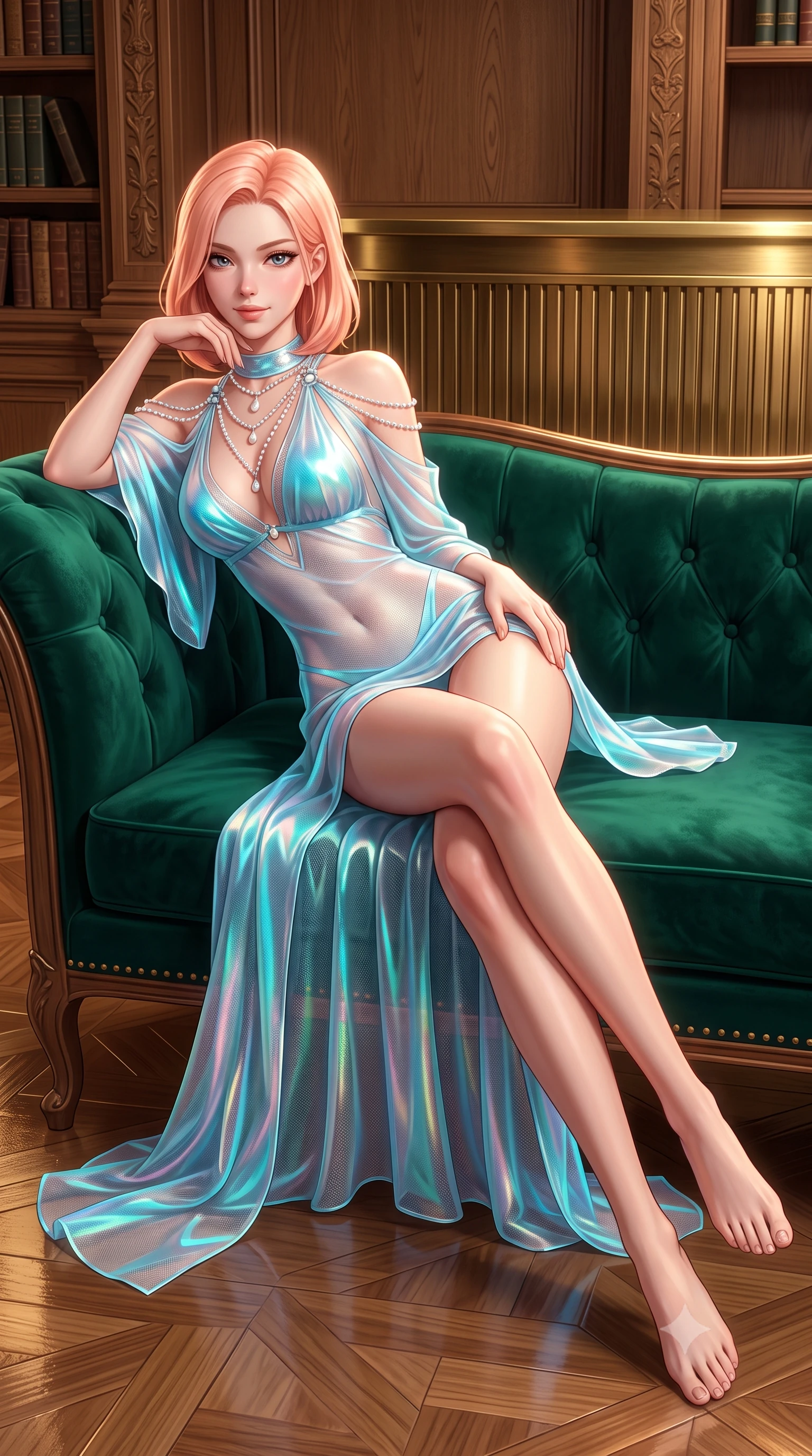 score_9, masterpiece, best quality, ultra-detailed, high-budget anime keyframe, semi-realistic 3D game render, editorial fashion photography, tasteful artistic composition, Japanese woman. low angle full-body shot from head to toe showing her feet, filling the entire 9:16 vertical frame with her statuesque presence, stretching her vertical silhouette. lounging on the lavish daybed with legs crossed and hips angled toward the camera, displaying her toned midriff and long slender limbs with effortless siren poise while reclining gracefully across the deep emerald velvet curved banquette propped on one elbow, displaying her long slender limbs and statuesque hourglass silhouette. The surrounding environment is rendered in vivid detail and crisp panoramic clarity: sharp carved oak book stack mouldings, fluted solid brass counter face, and button-tufted velvet seams in deep focus. She has an exceptionally tall and slender model-like 8.5-heads proportion, an ultra-slim waist, a flat toned midriff, narrow delicate ribcage, and beautifully sculpted feminine hips creating a graceful, slim hourglass silhouette without any bulky heaviness, with impossibly long slender legs. sharp v-shaped jawline, high-bridge nose, intricate jewel-like sparkling eyes with depth, thick eyelashes, glossy parted lips with a natural peach sheen, bright cheerful beaming smile with an enchanting and coquettish sensual glint, exuding both youthful cute charm and seductive allure, flawlessly proportioned anatomical accuracy, strict slender model proportions, natural body alignment, perfectly sculpted long slender limbs, ultra-slim waistline, clean dynamic posture without body distortion. wearing an alluring semi-sheer silk chiffon boudoir peignoir slipping off bare shoulders with delicate jade button accents in Neo-Carthage holographic cyan and solar chrome, woven from fine semi-opaque stretch illusion mesh tracing her slender contours, accented with a pearl-drop body harness subtly framing her dewy collarbones and spine, the liquid-tight tailored fabric clinging flawlessly to her narrow waist and rounded feminine hips, emphasizing every millimeter of her sculpted slim hourglass curves without any bulky heaviness. illuminated by polished parquet reflection bounce and sharp champagne-gold rim lights defining her dewy collarbones, ultra-slim waist, and curvy hips. highly saturated vibrant anime colors, detailed shading with soft gradients, rich glossy textures, high-contrast stereoscopic depth, volumetric dynamic lighting, master piece, 9:16 ratio