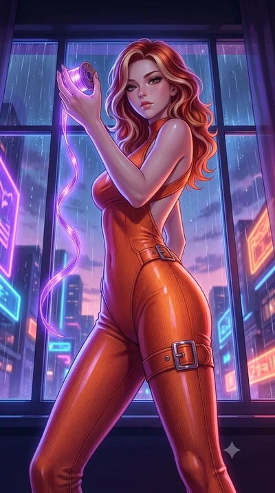 score_9, masterpiece, best quality, ultra-detailed, High-budget Anime Keyframe, Caucasian woman, strictly human ears. Low angle cowboy shot filling the entire 9:16 frame with her statuesque presence. Scenario 539: unravelling a spool of glowing viole