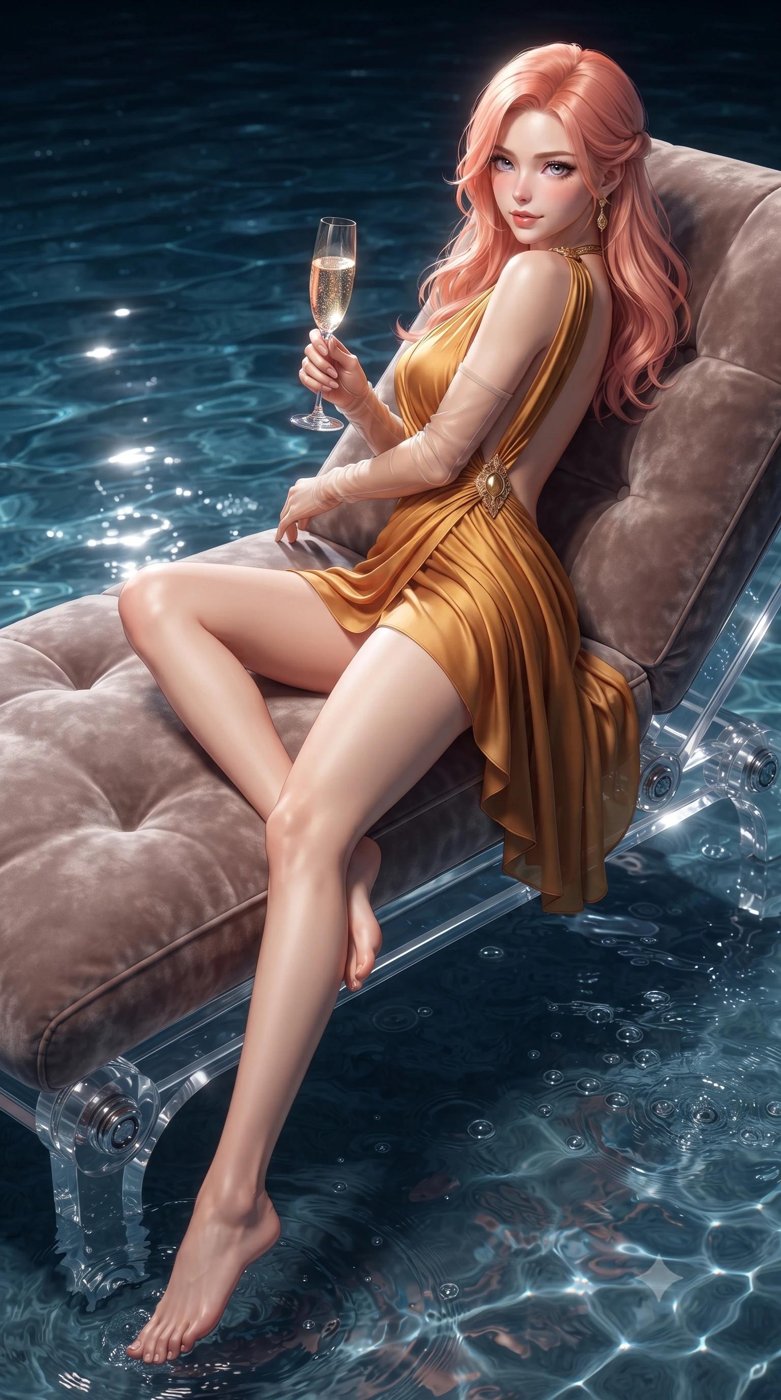 score_9, masterpiece, best quality, ultra-detailed, high-budget anime keyframe, editorial fashion photography, tasteful artistic composition, Japanese woman. low angle full-body shot from head to toe showing her feet, filling the entire 9:16 vertical frame with her statuesque presence, stretching her vertical silhouette. reclining gracefully across the plush chaise lounge with one leg extended, her sculpted silhouette and flat midriff radiating magnetic nocturnal glamour while perched sideways on the submerged contoured bench with legs extended, holding a crystal flute of vintage champagne with effortless glamour. The surrounding environment is rendered in vivid detail and crisp panoramic clarity: sharp clear acrylic structural joints, stainless steel hydro jet nozzles, and glistening water ripples in deep focus. She has an absolutely perfect, statuesque 8.5-heads proportion, an exceptionally tall and slender model-like female figure with impossibly long slender legs, an ultra-slim waist, a flat toned midriff, narrow delicate ribcage, and beautifully sculpted feminine hips creating a graceful, slim hourglass silhouette without any bulky heaviness. sharp v-shaped jawline, high-bridge nose, sparkling eyes with hypnotic seductive depth, thick curled eyelashes, glossy parted lips with a natural dewy peach sheen, alluring bedroom-eyes with an enchanting coquettish smile, exuding magnetic siren charisma and sophisticated glamour, flawlessly proportioned anatomical accuracy, strict slender model proportions, natural body alignment, perfectly sculpted long slender limbs, ultra-slim waistline, clean dynamic posture without body distortion. wearing a draped Greek-goddess style silk chiffon mini toga dress with an open back and golden hip fibula in warm amber honey and antique gold leaf, tailored from fine structural neoprene with crisp architectural edges and smooth contouring, complemented by sheer opera-length evening gloves tracing her slender arms, the second-skin tailored fabric adhering flawlessly to her sculpted flat midriff and slender torso, emphasizing her long leg lines and perfectly proportioned willowy build. illuminated by bubbling water surface caustics and sharp platinum rim lights sculpting her razor-sharp jawline, narrow waist, and curvy hips. ultra-reflective glossy finish, specular highlights, rich textural contrasts, high-contrast stereoscopic depth, volumetric dynamic lighting, 2k, ultra detail, master piece, 9:16 ratio