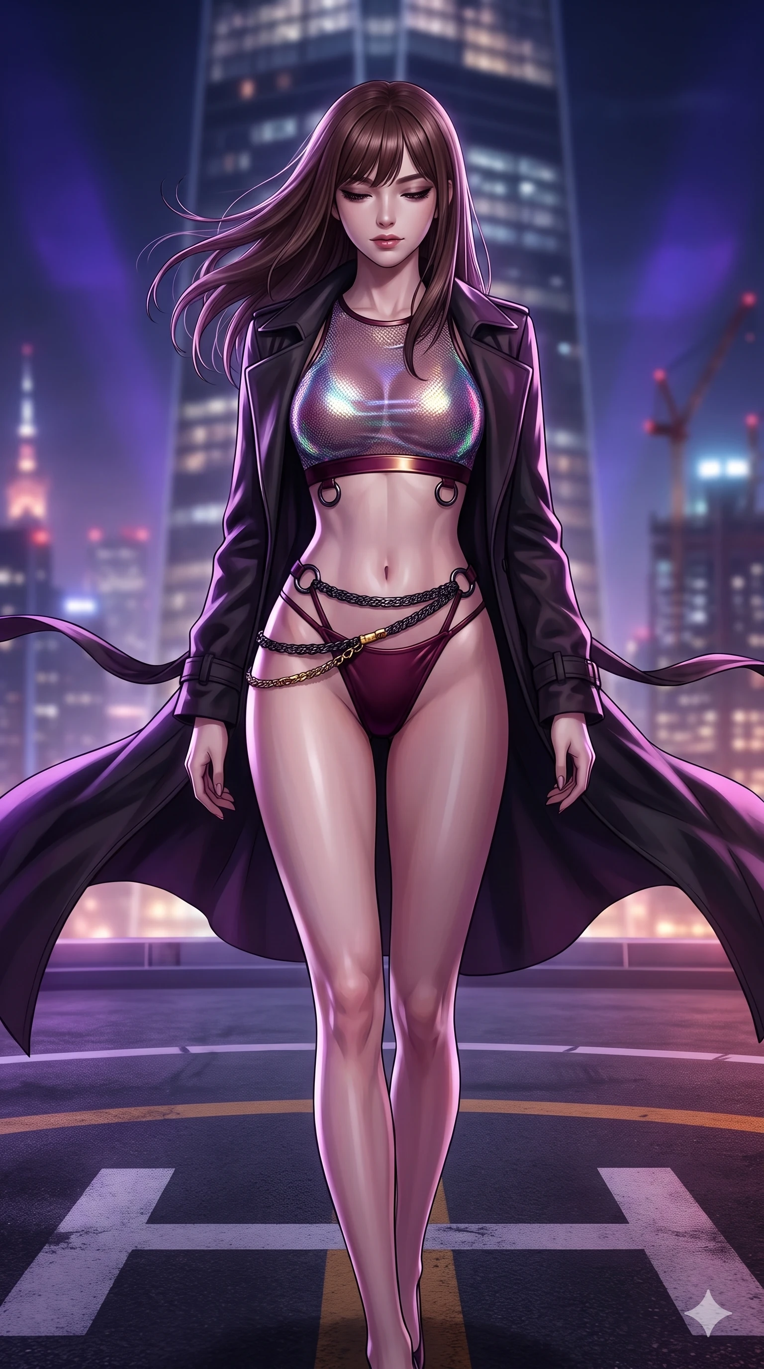 score_9, masterpiece, best quality, ultra-detailed, high-budget anime keyframe, semi-realistic 3D game render, editorial fashion photography, tasteful artistic composition, Korean woman. close-up cowboy shot from the waist and thighs up, the character dominates the composition, filling the frame with her large presence. looking down with lowered lashes and a composed, powerful dark aura, her tailored outfit tracing her curves while striding confidently across the tarmac markings, nocturnal gale-force breezes whipping her garments open to accentuate her long slender legs. The background shows a soft-focus summit skyscraper apex softened in high-altitude metropolitan shallow focus. She has an exceptionally elegant, slender, and willowy female figure with an ultra-slim waist, flat toned midriff, narrow ribcage, and sculpted feminine hips creating an alluring, slim hourglass silhouette without bulk. sharp v-shaped jawline, high-bridge nose, intricate jewel-like dark sparkling eyes with hypnotic seductive depth, thick curled eyelashes, glossy parted lips with a natural wine sheen, alluring bedroom-eyes with an enigmatic smoldering smile, exuding magnetic sovereign charisma and dark avant-garde glamour, flawlessly proportioned anatomical accuracy, strict slender model proportions, natural body alignment, perfectly sculpted long slender limbs, ultra-slim waistline, clean dynamic posture without body distortion. wearing a translucent iridescent mesh swim crop top paired with high-cut string bikini bottoms and dark waist chains in deep wine burgundy and lustrous gold foil, woven from fine semi-opaque stretch illusion mesh tracing every contour of her figure, trimmed with dark chrome ring hardware along the waist contours, the form-fitting cut adhering flawlessly to her sculpted flat midriff and slender torso, emphasizing her long leg lines and perfectly proportioned willowy build. bathed in rhythmic pulsing violet strobe flashes contrasted with ambient city light glow. highly saturated vibrant anime colors, detailed shading with soft gradients, rich glossy textures, high-contrast stereoscopic depth, volumetric dynamic lighting, master piece, 9:16 ratio