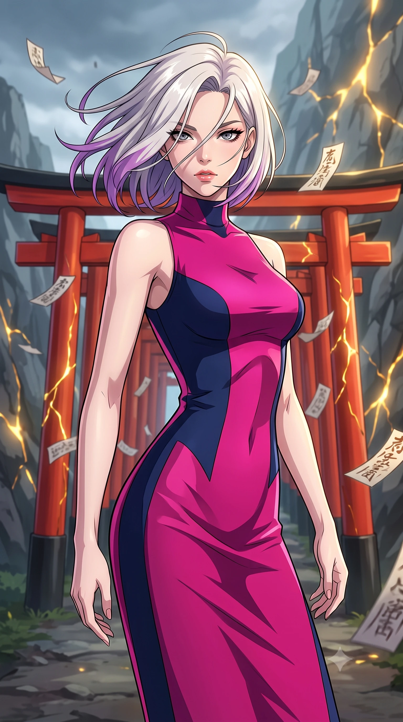score_9, masterpiece, best quality, ultra-detailed, high-budget anime keyframe, clean line-art, cel-shading, Caucasian woman, strictly human ears. close-up cowboy shot from the waist and thighs up, the character dominates the composition, filling the frame with her large presence, background elements kept in soft focus. Executing a sudden, fast pivot to face the camera, her hair whipping violently across her face. set against a soft-focus background of a path of red Japanese torii gates leading up a mountain during a storm, paper talismans peeling and flying in the wind. She has an exceptionally elegant and slender, willowy female figure with an ultra-slim waist, a gracefully sculpted slender torso, and a refined slim physique. sharp v-shaped jawline, high-bridge nose, intricate jewel-like eyes with depth, thick eyelashes, glossy lips with a natural sheen. wearing tailored for maximum mobility, sleek form-contouring panels that allow fluid movement, a tailored high-neck bodycon midi dress in a dual-tone of fuchsia and navy, sculpting her slender dancer frame with elegant lines. glowing kintsugi gold light radiating from cracks in the environment creating a majestic inner glow. highly saturated vibrant anime colors, intense vivid color palette, volumetric dynamic lighting, 2k, ultra detail, master piece, 9:16 ratio