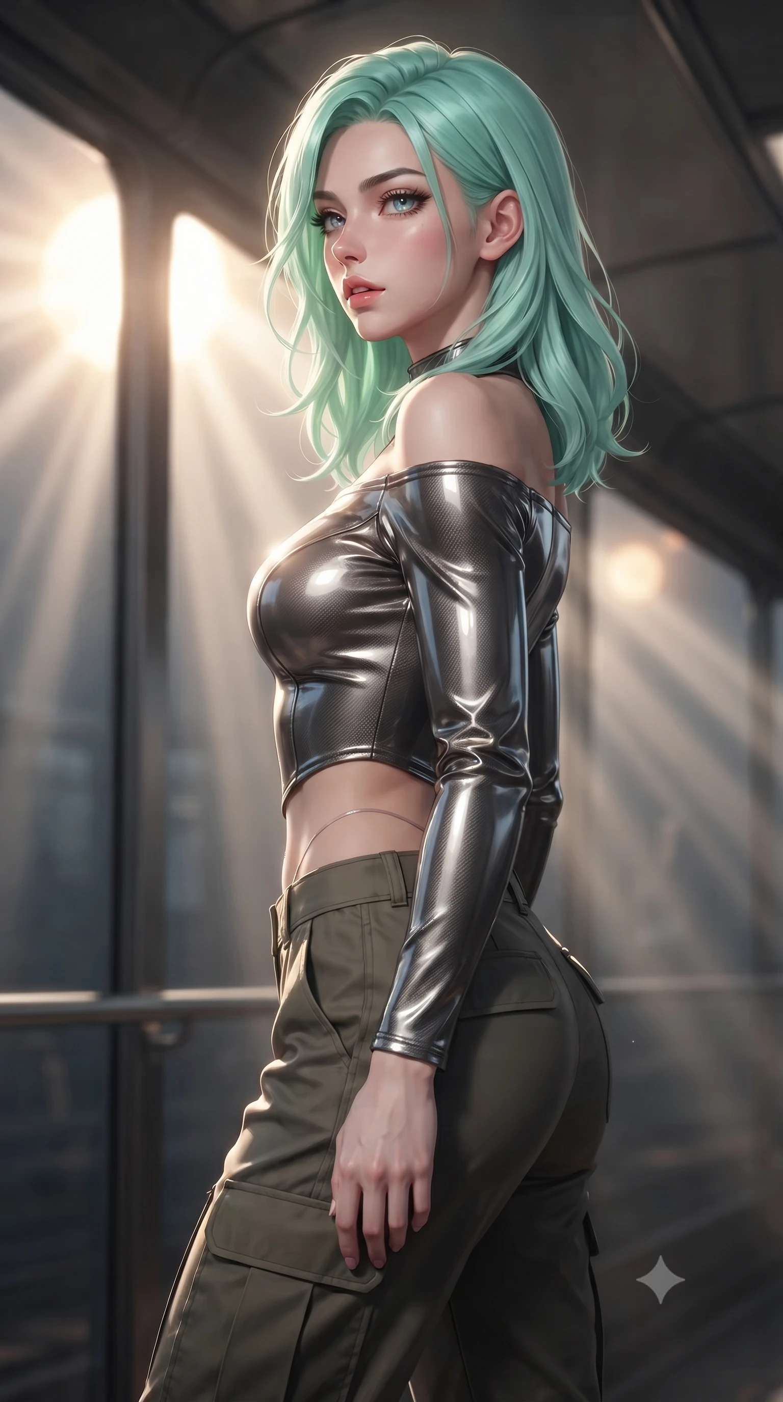 score_9, masterpiece, best quality, ultra-detailed, high-budget anime keyframe, editorial fashion photography, tasteful artistic composition, Japanese woman. close-up cowboy shot from the waist and thighs up, the character dominates the composition, filling the frame with her large presence, background elements kept in soft focus. turning her face in profile to look over her shoulder, casting a smoldering side gaze with lips slightly parted, the background shows a soft-focus a train observation deck with glass panels showing a binary sun system. She has an exceptionally elegant, slender, and willowy female figure with an ultra-slim waist, a gracefully sculpted slender torso, and a refined silhouette. sharp v-shaped jawline, high-bridge nose, intricate jewel-like eyes with depth, thick eyelashes, glossy lips with a natural sheen. wearing a slim-fit off-shoulder carbon-fiber armor top paired with high-slit tactical cargo pants, showing her delicately sculpted midriff. volumetric sunbeams slicing through glass panels, creating dramatic light rays. ultra-reflective glossy finish, specular highlights, metallic sheen, high-contrast stereoscopic depth, volumetric dynamic lighting, 2k, ultra detail, master piece, 9:16 ratio