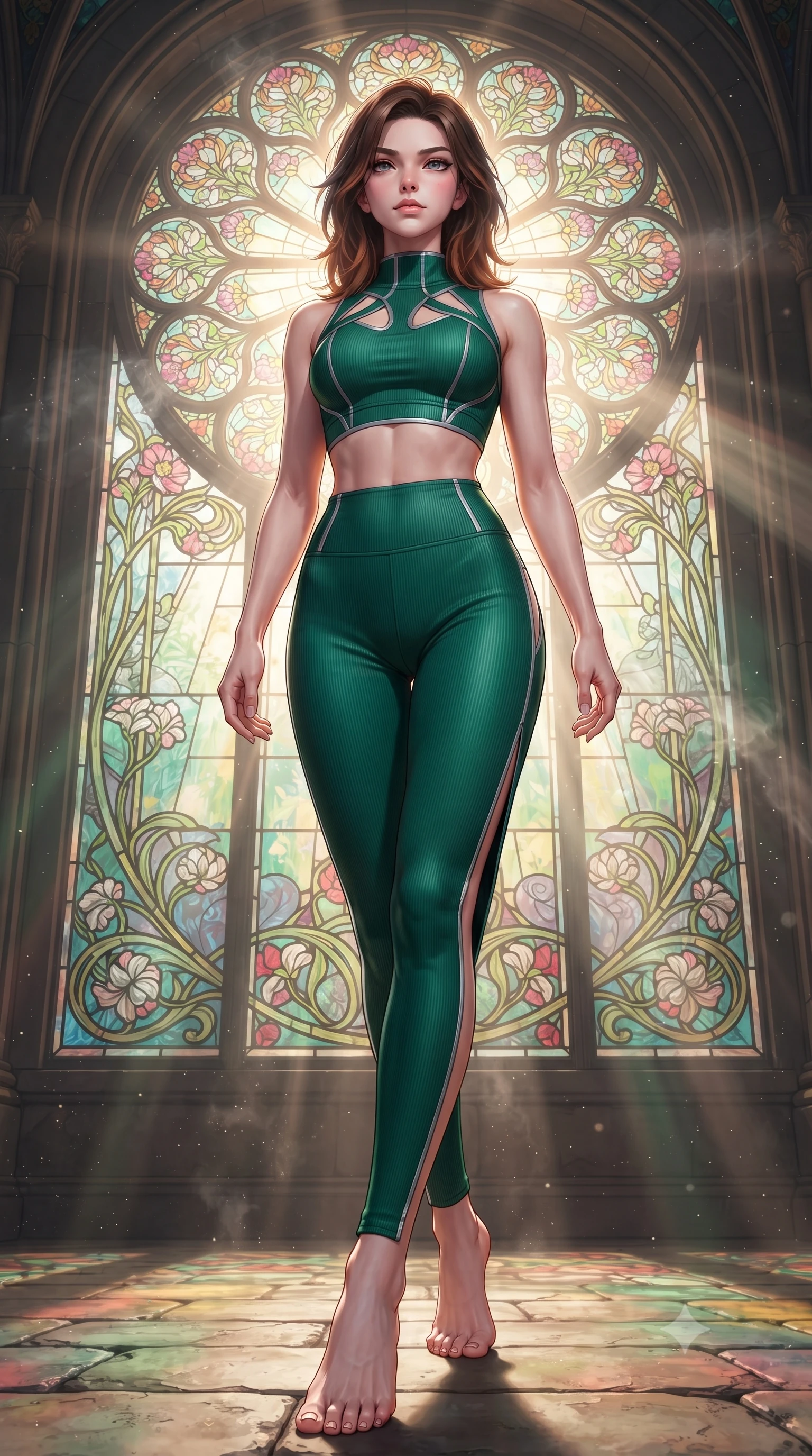 score_9, masterpiece, best quality, ultra-detailed, high-budget anime keyframe, editorial fashion photography, tasteful artistic composition, Korean woman. low angle full-body shot from head to toe showing her feet, filling the entire 9:16 vertical frame with her statuesque presence, stretching her vertical silhouette. stepping forward with proud posture, filling the vertical frame with her magnetic presence standing before a monumental Art Nouveau stained glass rose window, floating glass dust and incense smoke scattering colorful light beams. She has an absolutely perfect, statuesque 8.5-heads proportion, an exceptionally tall and slender model-like female figure with impossibly long slender legs and an ultra-slim waist. sharp v-shaped jawline, high-bridge nose, intricate jewel-like eyes with depth, thick eyelashes, glossy lips with a natural sheen. wearing a form-fitting ribbed activewear set with collar cutouts in deep emerald green and silver accent, formed from sleek second-skin neoprene, finished with a sleek side slit ascending to mid-thigh, the tailored fabric tightly following every curve of her athletic build. surrounded by a glowing divine aura of sunbeams and incense radiance. highly saturated vibrant anime colors, detailed shading with soft gradients, rich glossy textures, high-contrast stereoscopic depth, volumetric dynamic lighting, master piece, 9:16 ratio