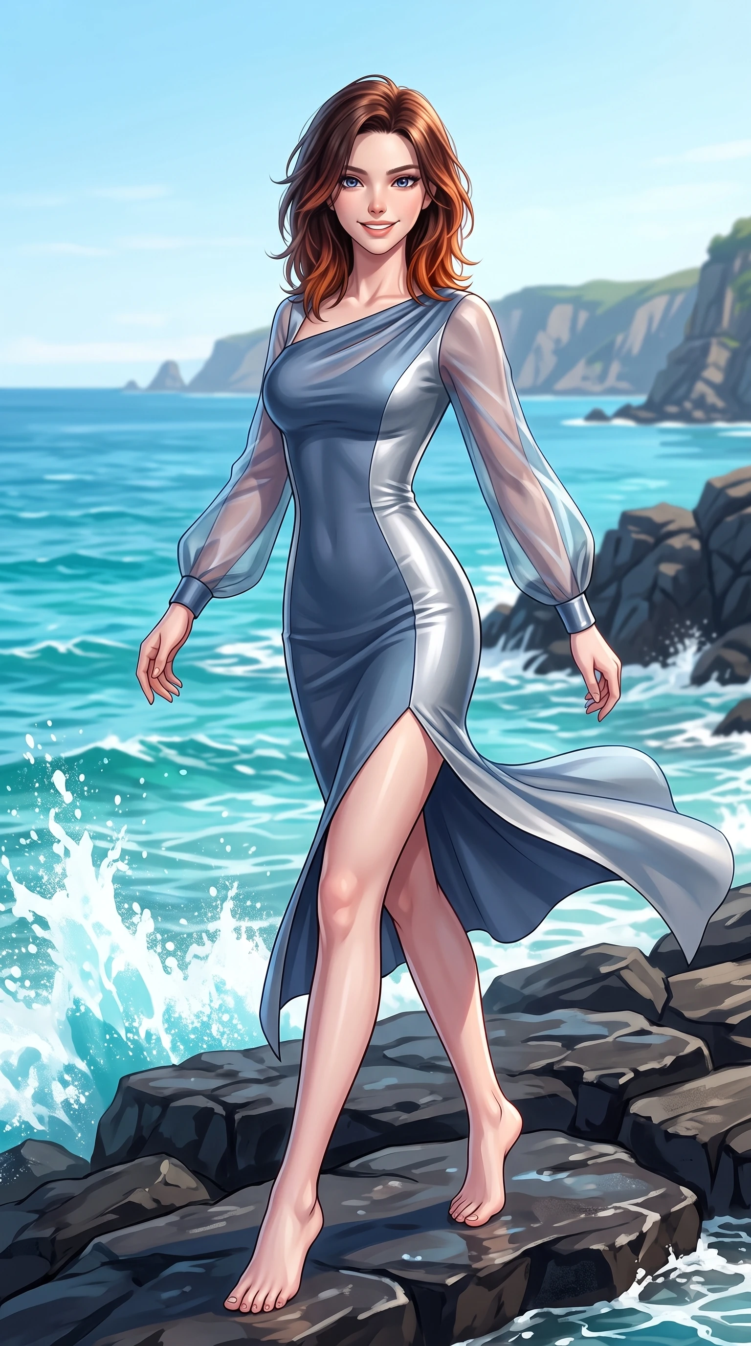 score_9, masterpiece, best quality, ultra-detailed, high-budget anime keyframe, editorial fashion photography, tasteful artistic composition, Korean woman. low angle full-body shot from head to toe showing her feet, filling the entire 9:16 vertical frame with her statuesque presence, stretching her vertical silhouette. forging dynamically through the scene with a fresh infectious smile, her ultra-slim waist creating a sweeping curve while pivoting gracefully on dark basalt sea rocks as turquoise ocean waves splash nearby, fresh ocean breeze billowing her summer sundress into fluid, uplifting motions. She has an absolutely perfect, statuesque 8.5-heads proportion, an exceptionally tall and slender model-like female figure with impossibly long slender legs and an ultra-slim waist. sharp v-shaped jawline, high-bridge nose, intricate jewel-like eyes with depth, thick eyelashes, glossy lips with a natural sheen, flawlessly proportioned anatomical accuracy, natural body alignment, perfectly sculpted elegant limbs, clean dynamic posture without body distortion. wearing a sleek bodycon knit dress with strategic sheer organza sleeve panels in slate blue and metallic silver, formed from sleek second-skin neoprene, finished with a sleek side slit ascending to mid-thigh, the elegant draped fit framing her graceful clavicle and slender torso. surrounded by a fresh, sun-drenched, and relaxing vacation atmosphere. highly saturated vibrant anime colors, detailed shading with soft gradients, rich glossy textures, high-contrast stereoscopic depth, volumetric dynamic lighting, master piece, 9:16 ratio