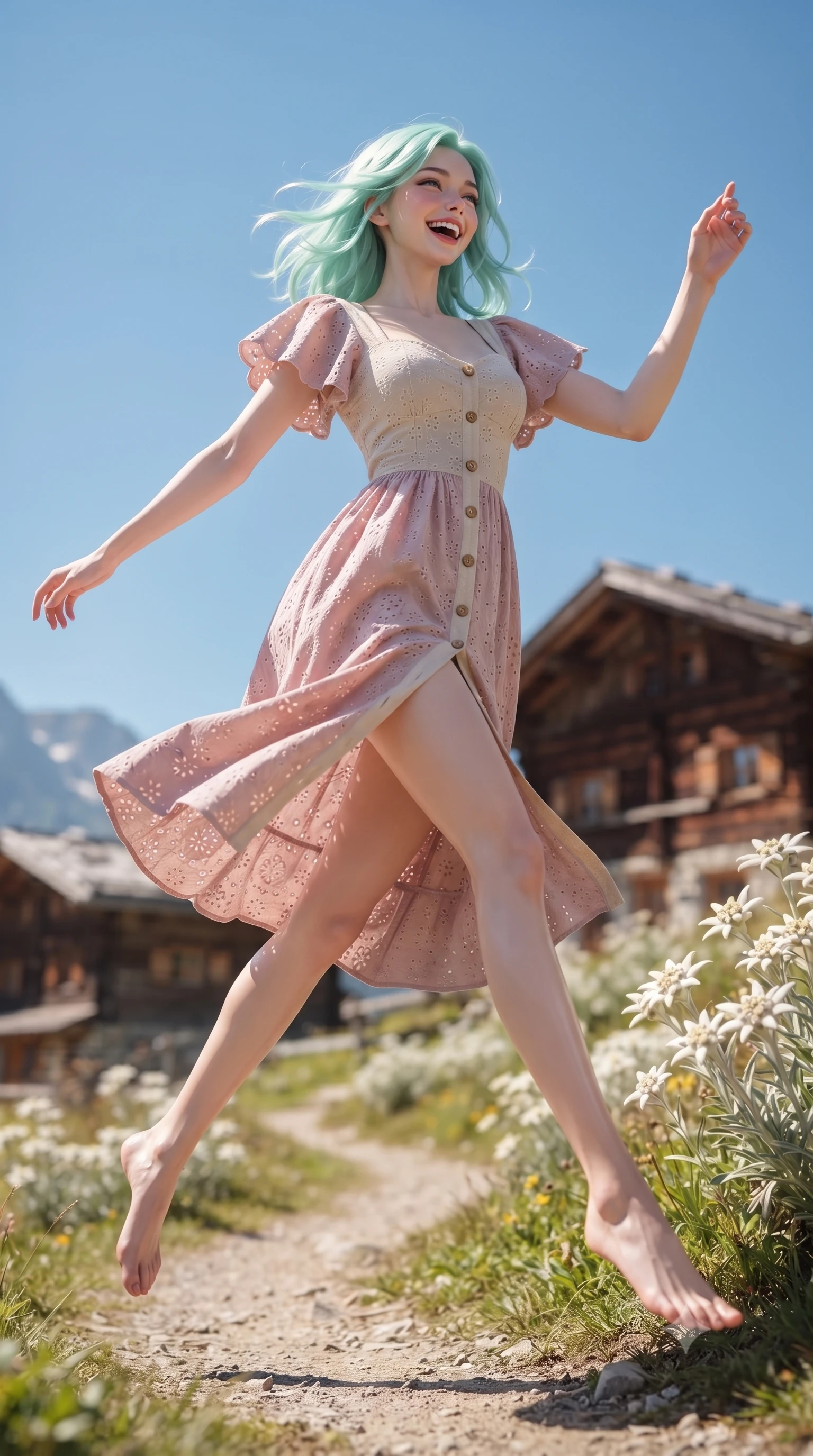 score_9, masterpiece, best quality, ultra-detailed, high-budget anime keyframe, editorial fashion photography, tasteful artistic composition, Japanese woman. low angle full-body shot from head to toe showing her feet, filling the entire 9:16 vertical frame with her statuesque presence, stretching her vertical silhouette. leaping with lighthearted youthful energy across the natural path with a dazzling bright smile and balanced athletic poise while turning with a joyful laugh as the crisp alpine mountain breeze gently lifts her soft hair against the clear blue sky. The composition keeps background elements in soft focus with creamy bokeh. rustic timber mountain chalets and blooming edelweiss clusters softened in gentle atmospheric depth. She has an absolutely perfect, statuesque 8.5-heads proportion, an exceptionally tall and slender model-like female figure with impossibly long slender legs, a toned flat midriff, and an ultra-slim waist. sharp v-shaped jawline, high-bridge nose, intricate jewel-like eyes with depth, thick eyelashes, glossy lips with a natural sheen, pure and lovely fresh girlhood expression, flawlessly proportioned anatomical accuracy, strict slender model proportions, natural body alignment, perfectly sculpted long slender limbs, ultra-slim waistline, clean dynamic posture without body distortion. wearing an airy eyelet lace cotton midi dress with a sweetheart neckline and wooden front buttons in soft dusty rose and oatmeal beige, tailored from soft pastel lightweight wool blend with subtle texture, featuring elegant flutter sleeves and a graceful open collar, the tailored casual silhouette highlighting her fresh and youthful presence and perfectly proportioned slender frame. surrounded by a fresh, uplifting, and enchantingly pure alpine girlhood aura. ultra-reflective glossy finish, specular highlights, rich natural textures, high-contrast stereoscopic depth, volumetric dynamic lighting, 2k, ultra detail, master piece, 9:16 ratio