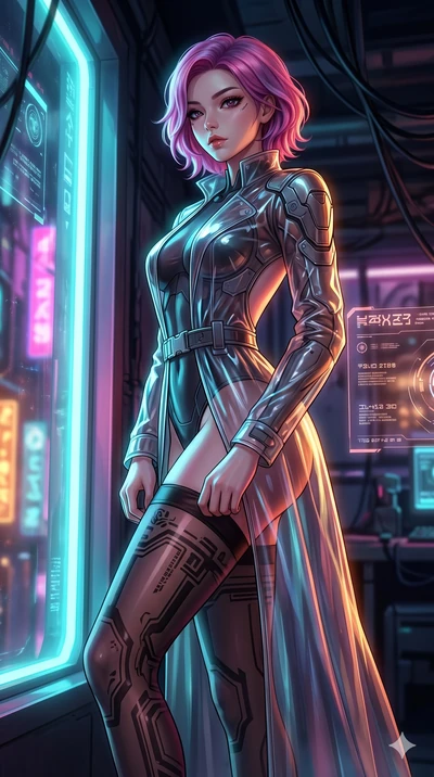 score_9, masterpiece, best quality, ultra-detailed, High-budget Anime Keyframe, East Asian woman. Low angle cowboy shot filling the entire 9:16 frame with her statuesque presence. Scenario 67: Adjusting her thigh-high stocking by a glowing neon windo