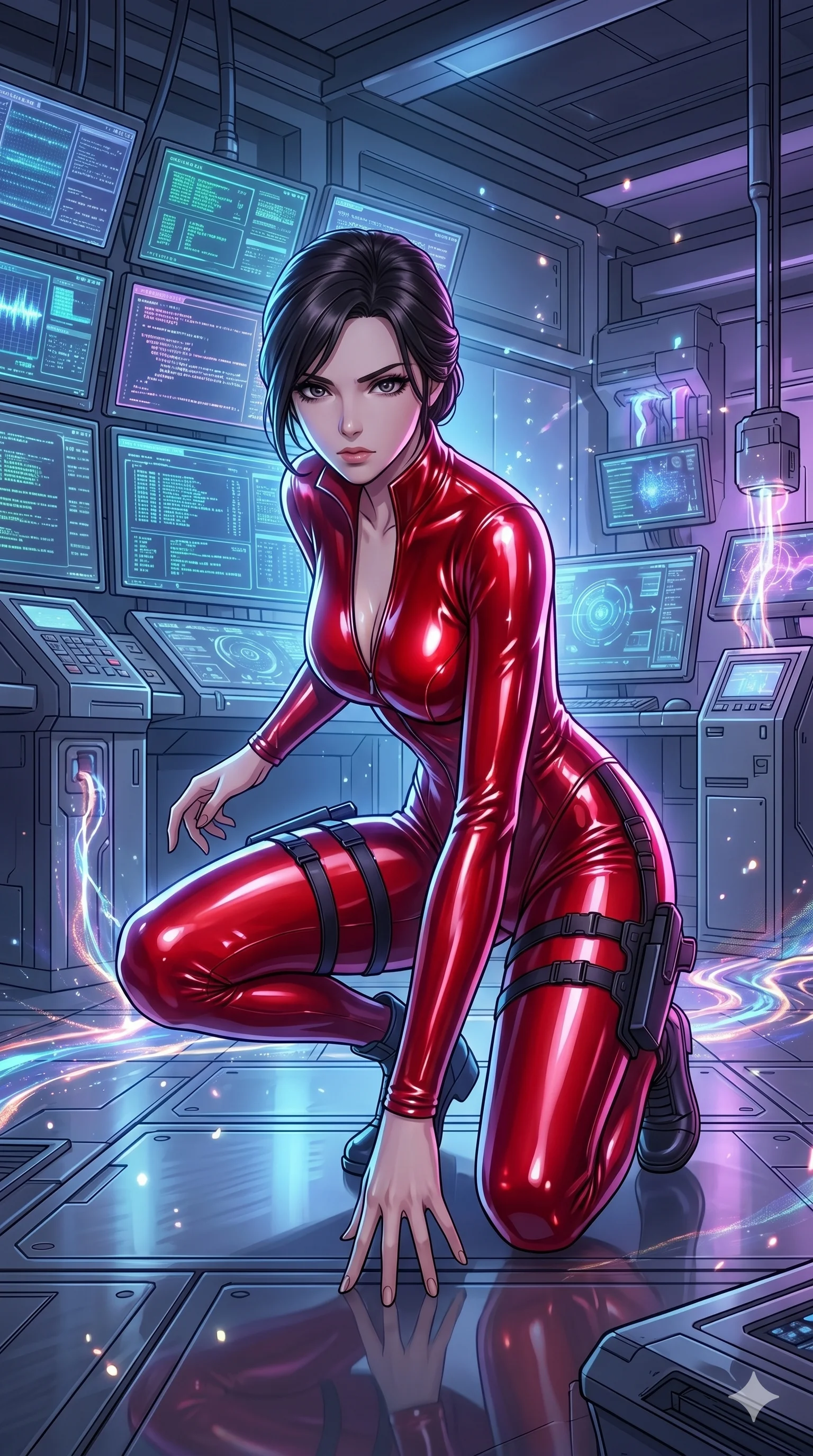 score_9, score_8_up, score_7_up, source_anime, masterpiece, best quality, ultra-detailed, same character with dark hair, wearing a shiny red latex catsuit, crouched in a high-tech secret laboratory with glowing computer screens, sharp rim lighting, 2k, ultra detail, master piece, 9:16 ratio