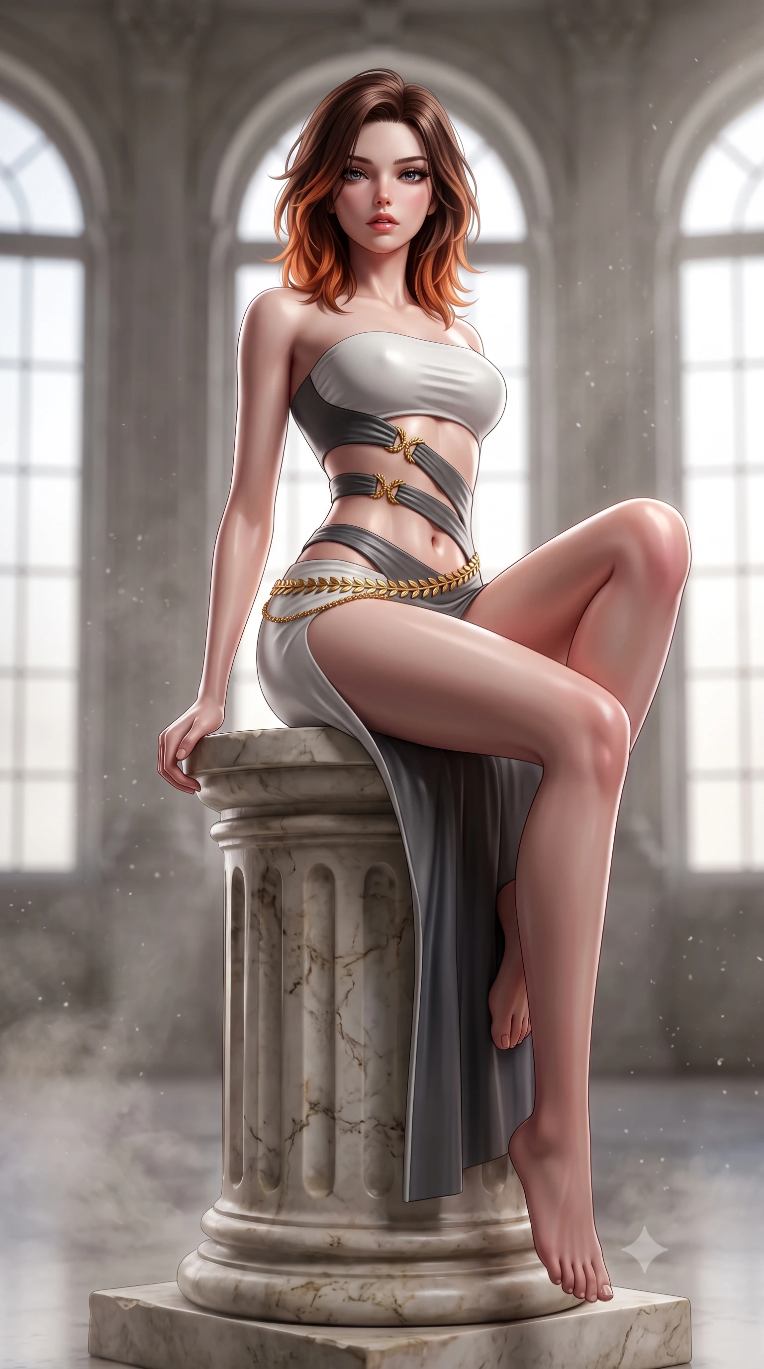 score_9, masterpiece, best quality, ultra-detailed, high-budget anime keyframe, semi-realistic 3D game render, editorial fashion photography, tasteful artistic composition, Korean woman. low angle full-body shot from head to toe showing her feet, filling the entire 9:16 vertical frame with her statuesque presence, stretching her vertical silhouette. reclining on her side in an elegant Cleopatra pose with one knee drawn up, the dramatic contour of her rounded hips and long slender legs commanding the 9:16 vertical frame while perching on a classical marble pedestal with back arched like a Renaissance sculpture, hips tilted in a dramatic contrapposto pose. The composition keeps background elements in soft focus with creamy bokeh. soaring arched studio windows and drifting marble dust softened in classical artistic shallow focus. She has an absolutely perfect, statuesque 8.5-heads proportion, an exceptionally tall and slender model-like female figure with impossibly long slender legs, a toned flat midriff, an ultra-slim waist, and beautifully sculpted feminine hips. sharp v-shaped jawline, high-bridge nose, intricate jewel-like eyes with depth, thick eyelashes, glossy parted lips with a natural sheen, intensely captivating and seductive bedroom-eyes expression, flawlessly proportioned anatomical accuracy, strict slender model proportions, natural body alignment, perfectly sculpted long slender limbs, ultra-slim waistline, clean dynamic posture without body distortion. wearing a modern sculptural tube dress with diagonal midriff cutouts framed by golden laurel hardware in plaster chalk white and charcoal grey, tailored from liquid silk jersey adhering like living marble to her slender build, accented with a delicate golden laurel leaf waist chain framing the curve of her hips, the glove-like aerodynamic silhouette tightly following the natural contour of her hips and long slender legs with statuesque precision. illuminated by crisp sculptural key lighting carving her narrow waist, curved hips, and statuesque limbs. highly saturated vibrant anime colors, detailed shading with soft gradients, rich glossy textures, high-contrast stereoscopic depth, volumetric dynamic lighting, master piece, 9:16 ratio