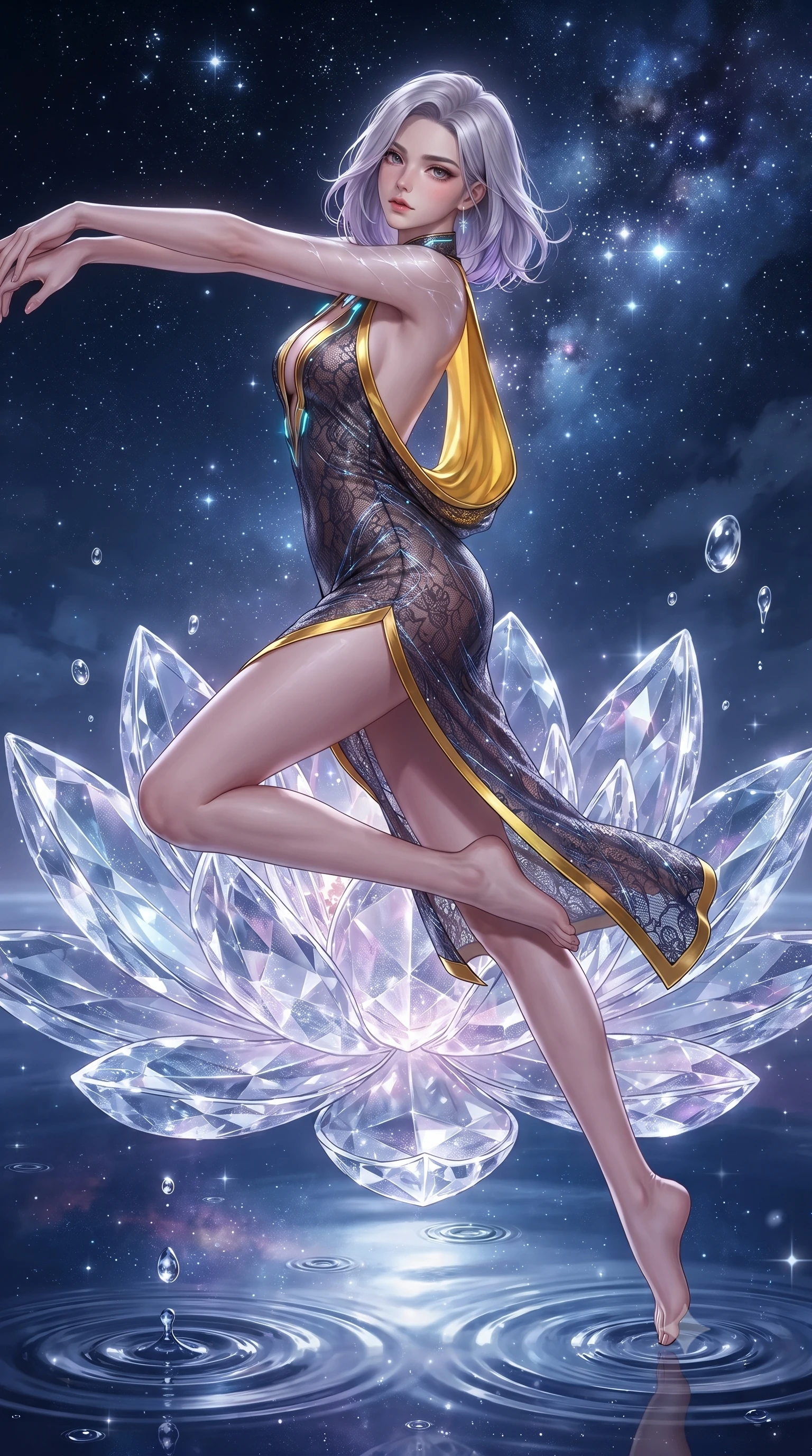score_9, masterpiece, best quality, ultra-detailed, high-budget anime keyframe, editorial fashion photography, tasteful artistic composition, Caucasian woman. low angle full-body shot from head to toe showing her feet, filling the entire 9:16 vertical frame with her statuesque presence, stretching her vertical silhouette. leaping through mid-air with an athletic yet alluring arch of her spine, her impossibly long slender legs stretched in flawless poise while kneeling gracefully on a floating crystalline petal as silver moonlight ripples across her bare shoulders and clavicle. The surrounding environment is rendered in vivid detail and crisp panoramic clarity. intricate crystal lotus petal facets, sharp water droplet ripples, and celestial star clusters in deep focus. She has an absolutely perfect, statuesque 8.5-heads proportion, an exceptionally tall and slender model-like female figure with impossibly long slender legs, a toned flat midriff, and an ultra-slim waist. sharp v-shaped jawline, high-bridge nose, intricate jewel-like eyes with depth, thick eyelashes, glossy lips with a natural sheen, flawlessly proportioned anatomical accuracy, strict slender model proportions, natural body alignment, perfectly sculpted long slender limbs, ultra-slim waistline, clean dynamic posture without body distortion. wearing a precision-fitted liquid jersey bodycon dress with a dramatic draped cowl back that swoops down to her waist and a high side slit in vibrant sunburst canary yellow and gold trim, crafted from delicate dark lace interwoven with luminescent micro-fibers, featuring a dangerously unzipped neckline framed by glowing cybernetic accents, the sleek second-skin cut tightly hugging her graceful clavicle, narrow waist, and feminine curves with athletic precision. surrounded by an ethereal, mystical, and breathtakingly divine moon-goddess aura. ultra-reflective glossy finish, specular highlights, metallic sheen, high-contrast stereoscopic depth, volumetric dynamic lighting, 2k, ultra detail, master piece, 9:16 ratio