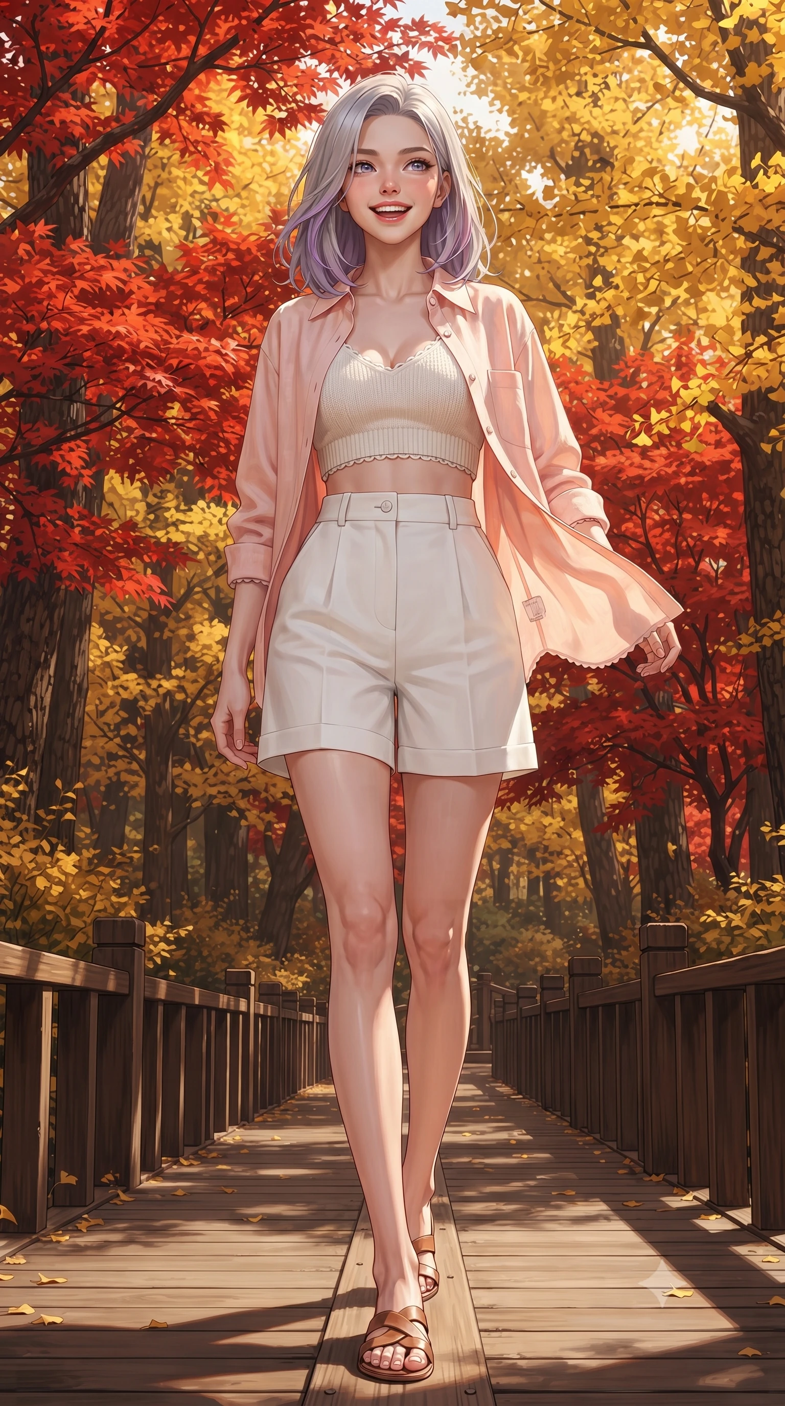 score_9, masterpiece, best quality, ultra-detailed, high-budget anime keyframe, editorial fashion photography, tasteful artistic composition, Caucasian woman. low angle full-body shot from head to toe showing her feet, filling the entire 9:16 vertical frame with her statuesque presence, stretching her vertical silhouette. stepping forward gracefully in mid-motion with a delighted cute laugh, displaying her tall slender model proportions while walking along a secluded wooden boardwalk surrounded by blazing scarlet maple trees and golden ginkgo foliage. The surrounding environment is rendered in vivid detail and crisp panoramic clarity. rich autumn chiaroscuro and breathtaking seasonal forest foliage captured with environmental precision. She has an absolutely perfect, statuesque 8.5-heads proportion, an exceptionally tall and slender model-like female figure with impossibly long slender legs, a toned flat midriff, and an ultra-slim waist. sharp v-shaped jawline, high-bridge nose, intricate jewel-like eyes with depth, thick eyelashes, glossy lips with a natural sheen, pure and lovely fresh girlhood expression, flawlessly proportioned anatomical accuracy, strict slender model proportions, natural body alignment, perfectly sculpted long slender limbs, ultra-slim waistline, clean dynamic posture without body distortion. wearing a lightweight pastel linen button-down shirt paired with tailored high-rise white Bermuda shorts in warm peach blossom pink and champagne ivory, knitted from ultra-soft cozy baby-cashmere yarn, finished with delicate scallop trims and tiny pearl buttons, the breezy lightweight fabric fluttering softly against her delicate collarbones, narrow waist, and feminine curves. illuminated by crisp directional sunbeams accentuating her slender waistline and cozy layered outfit. ultra-reflective glossy finish, specular highlights, rich natural textures, high-contrast stereoscopic depth, volumetric dynamic lighting, 2k, ultra detail, master piece, 9:16 ratio
