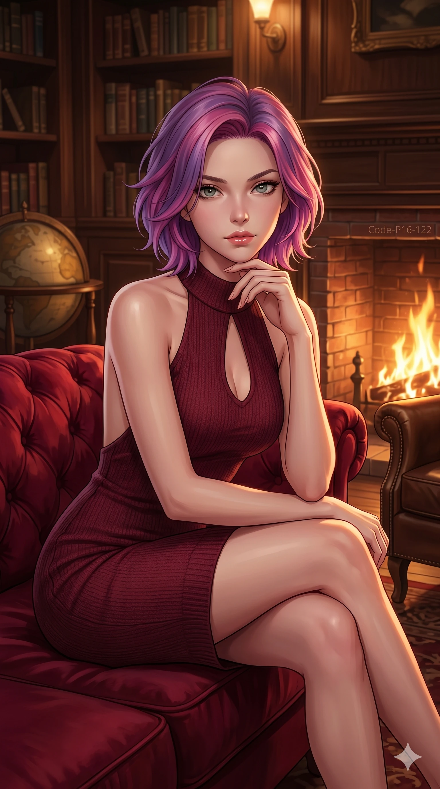 score_9, masterpiece, best quality, ultra-detailed, high-budget anime keyframe, editorial fashion photography, tasteful artistic composition, Caucasian woman, strictly human ears. cowboy shot from the thighs up, character and outfit filling the frame for maximum editorial presence. sitting on a velvet sofa, resting her chin on her fingers, looking directly into the lens inside a cozy library lounge with a roaring brick fireplace (Code-P16-122). She has an absolutely perfect 8-heads proportion, an exceptionally tall and slender female figure with impossibly long slender legs and an ultra-slim waist. V-shaped jawline, high-bridge nose, intricate jewel-like eyes with depth, thick eyelashes, glossy lips with a natural sheen. wearing a form-fitting burgundy knit dress with an elegant keyhole cutout and bare back. warm amber firelight casting dancing shadows and a soft golden glow over her features. 2k, ultra detail, master piece, 9:16 ratio