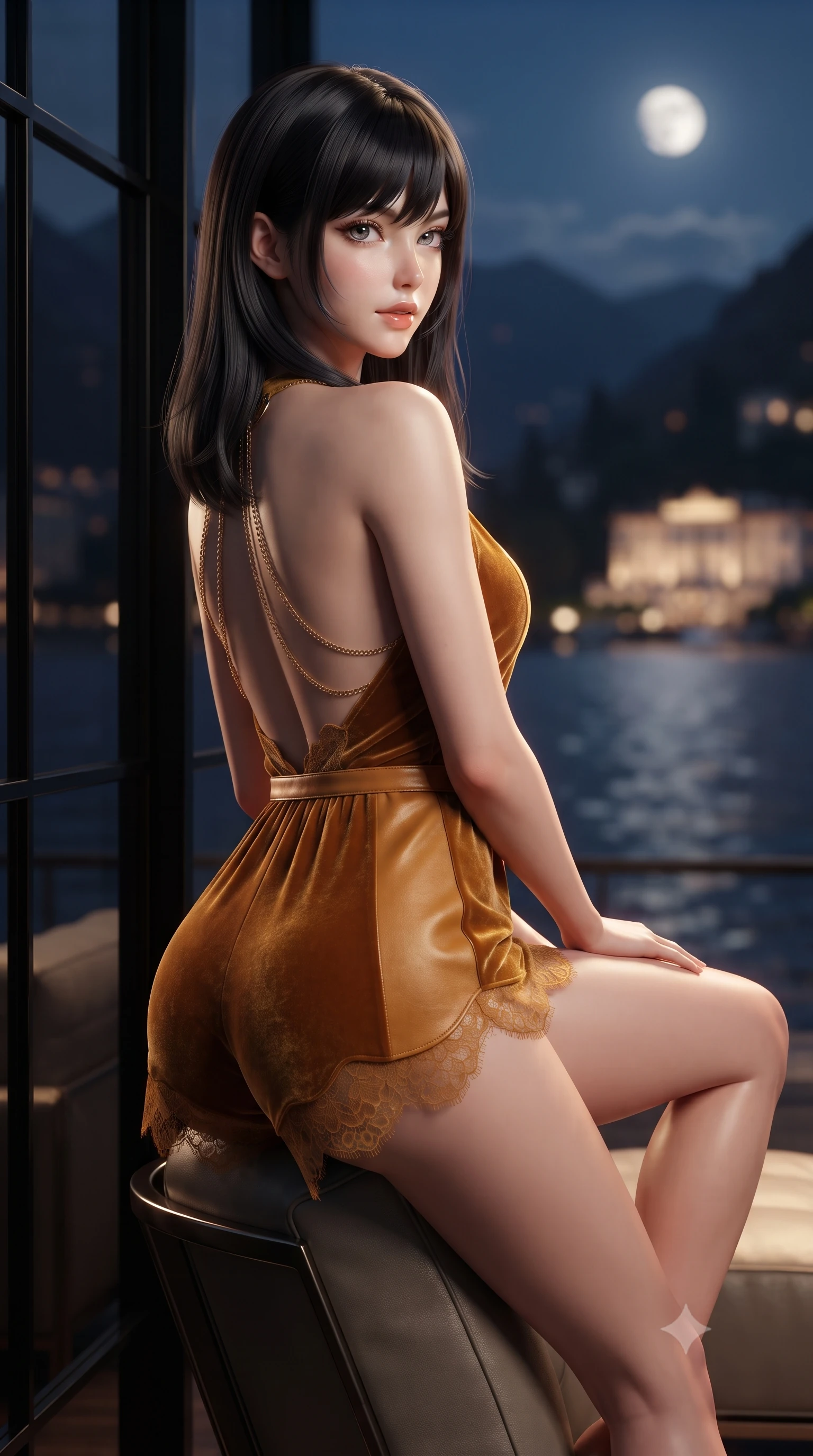score_9, masterpiece, best quality, ultra-detailed, high-budget anime keyframe, editorial fashion photography, tasteful artistic composition, Caucasian woman. close-up cowboy shot from the waist and thighs up, the character dominates the composition, filling the frame with her large presence. perched sideways on the lounge seat, one knee drawn up to showcase her slender leg line while her arched back accentuates her feminine hip curve while leaning against the black structural glass wall with hips cocked back, looking over a bare shoulder toward the moonlit Italian Alps. The background shows a soft-focus the dark tranquil expanse of Lake Como, distant Belle Époque illuminated grand hotels, and mountain silhouettes blurred into navy, rose-gold, and silver bokeh. She has an exceptionally elegant, slender, and willowy female figure with an ultra-slim waist, flat toned midriff, narrow ribcage, and sculpted feminine hips creating an alluring, slim hourglass silhouette without bulk. sharp v-shaped jawline, high-bridge nose, sparkling eyes with hypnotic seductive depth, thick curled eyelashes, glossy parted lips with a natural dewy peach sheen, alluring bedroom-eyes with an enchanting coquettish smile, exuding magnetic siren charisma and sophisticated glamour, flawlessly proportioned anatomical accuracy, strict slender model proportions, natural body alignment, perfectly sculpted long slender limbs, ultra-slim waistline, clean dynamic posture without body distortion. wearing a plunge-neck stretch velvet romper with scalloped eyelash-lace hems and a cinched waist ribbon in warm amber honey and antique gold leaf, woven from buttery-soft stretch lambskin leather adhering to her body like a second skin, accented with an open-back drape framed by falling strands of delicate gold chains, the liquid-tight tailored fabric clinging flawlessly to her narrow waist and rounded feminine hips, emphasizing every millimeter of her sculpted slim hourglass curves without any bulky heaviness. illuminated by lake water specular bounce and sharp warm-gold rim lights defining her delicate clavicles, narrow waist, and curvy hips. ultra-reflective glossy finish, specular highlights, rich textural contrasts, high-contrast stereoscopic depth, volumetric dynamic lighting, 2k, ultra detail, master piece, 9:16 ratio