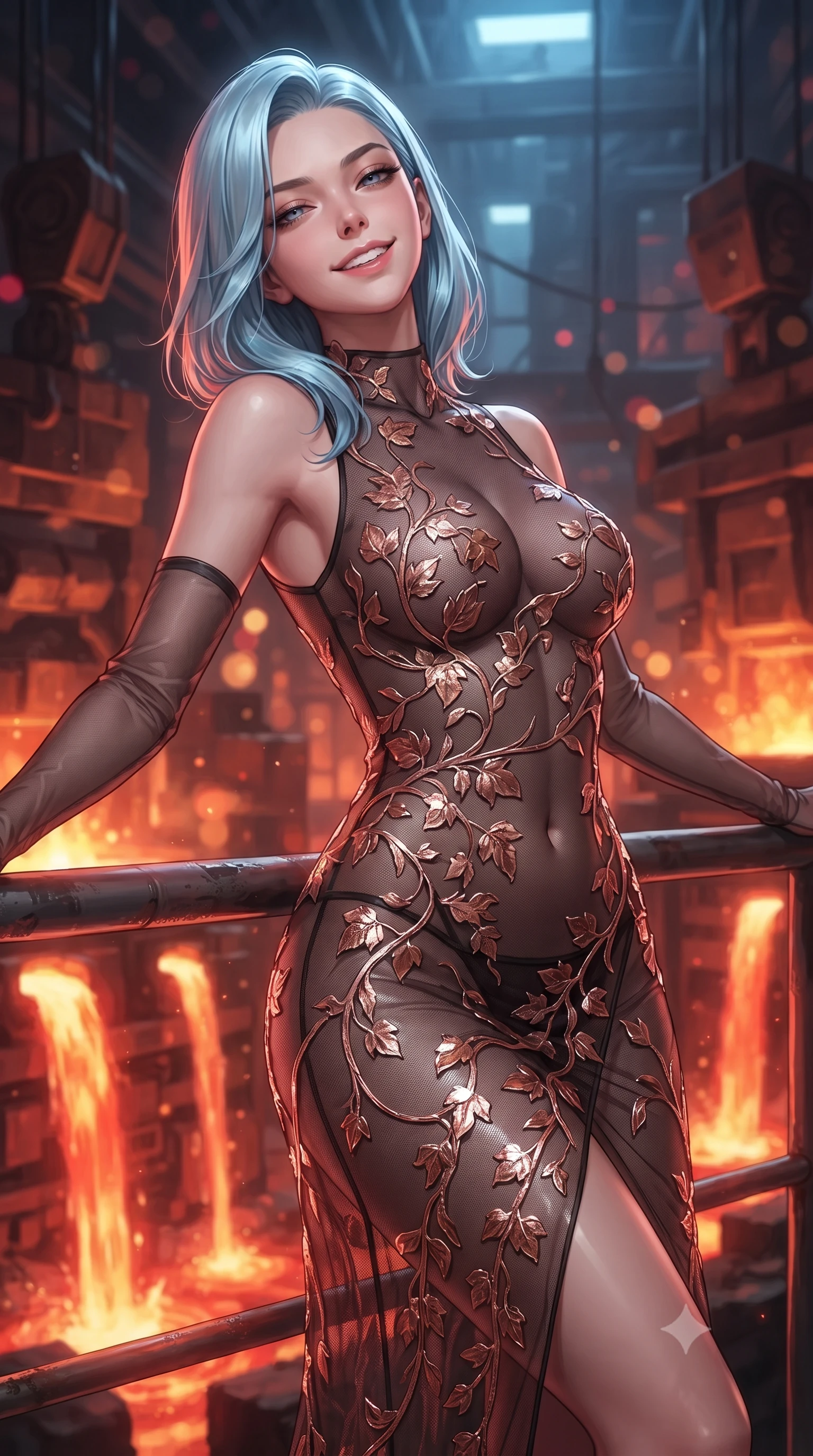 score_9, masterpiece, best quality, ultra-detailed, high-budget anime keyframe, editorial fashion photography, tasteful artistic composition, Korean woman. close-up cowboy shot from the waist and thighs up, the character dominates the composition, filling the frame with her large presence. leaning back against the balustrade with relaxed seductive grace, head tilted back slightly while casting a hypnotic, heavy-lidded gaze while twisting her slender torso in an alluring contrapposto stance beside the slag skimming crane, incandescent crimson magma light caressing her narrow waist and curvy hips. The background shows a soft-focus cascading waterfalls of molten liquid slag, glowing orange forge furnaces, and massive hydraulic piston exhausts blurred into amber, copper, and ruby bokeh. She has an exceptionally elegant, slender, and willowy female figure with an ultra-slim waist, flat toned midriff, narrow ribcage, and sculpted feminine hips creating an alluring, slim hourglass silhouette without bulk. sharp v-shaped jawline, high-bridge nose, intricate jewel-like sparkling eyes with depth, thick eyelashes, glossy parted lips with a natural peach sheen, bright cheerful beaming smile with an enchanting and coquettish sensual glint, exuding both youthful cute charm and seductive allure, flawlessly proportioned anatomical accuracy, strict slender model proportions, natural body alignment, perfectly sculpted long slender limbs, ultra-slim waistline, clean dynamic posture without body distortion. wearing a provocative sheer noir illusion mesh combat dress with embroidered climbing metallic ivy ribbons contouring her curves in high-gloss rose-gold and burnished copper, woven from structured carbon-fiber jacquard with rich textural depth, complemented by sheer opera-length evening gloves tracing her slender arms, the impeccably tailored cut draping gracefully along her slender figure with aristocratic poise. bathed in the intense warm 2000K radiant glow of molten titanium rivers contrasted with cool overhead blue safety strobes. ultra-reflective glossy finish, specular highlights, rich textural contrasts, high-contrast stereoscopic depth, volumetric dynamic lighting, 2k, ultra detail, master piece, 9:16 ratio