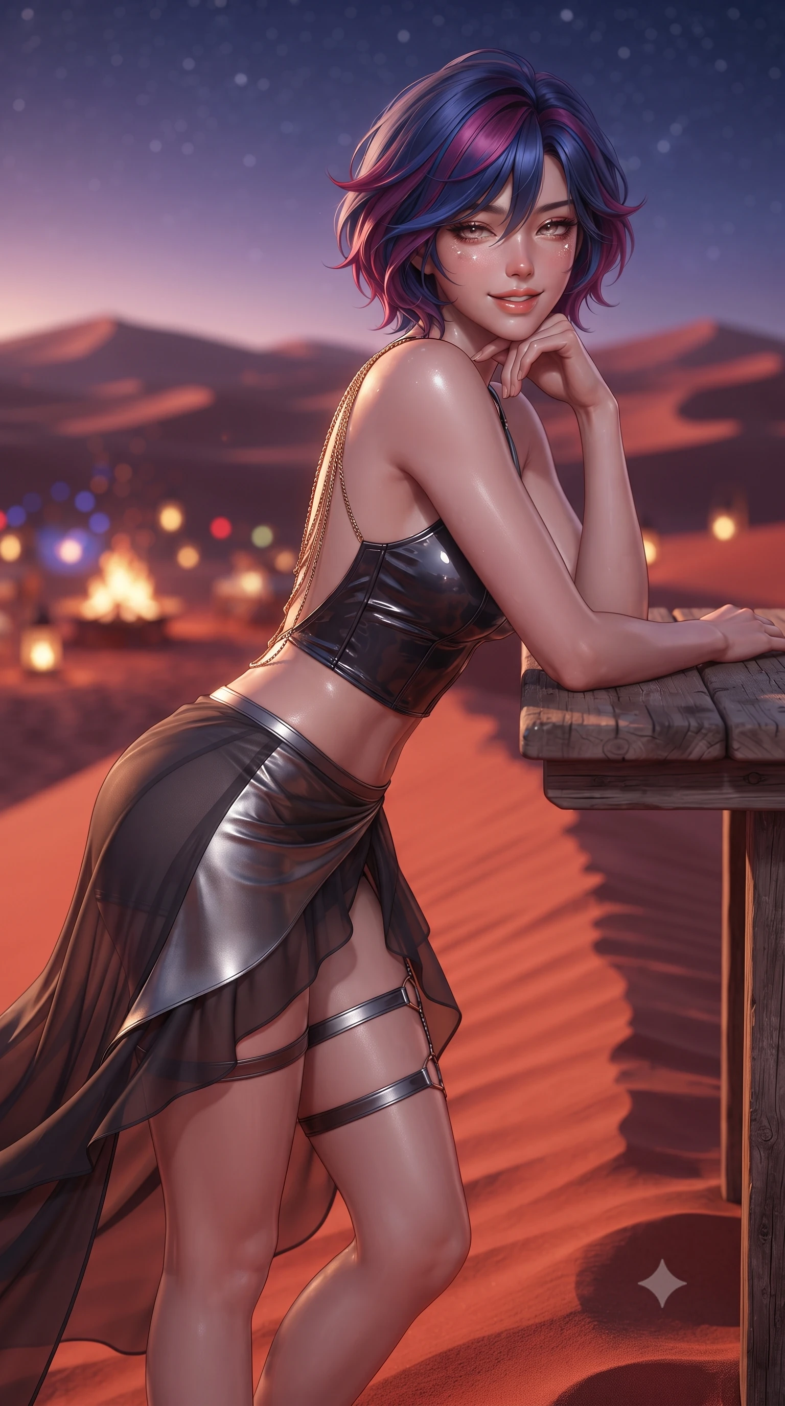 score_9, masterpiece, best quality, ultra-detailed, high-budget anime keyframe, editorial fashion photography, tasteful artistic composition, Korean woman. close-up cowboy shot from the waist and thighs up, the character dominates the composition, filling the frame with her large presence. resting one elbow on the table and supporting her chin, leaning close to the camera with heavy-lidded sparkling eyes and parted lips while standing poised atop the crest of a wind-sculpted red desert dune, arching her lower back as sunset winds flutter her gown around her slender legs. The background shows a soft-focus endless rolling red sand dunes under a starlit violet sky, glowing outdoor lantern pathways, and roaring fire pits blurred into amber, crimson, and deep indigo bokeh. She has an exceptionally elegant, slender, and willowy female figure with an ultra-slim waist, flat toned midriff, narrow ribcage, and sculpted feminine hips creating an alluring, slim hourglass silhouette without bulk. sharp v-shaped jawline, high-bridge nose, intricate jewel-like sparkling eyes with depth, thick eyelashes, glossy parted lips with a natural peach sheen, bright cheerful beaming smile with an enchanting and coquettish sensual glint, exuding both youthful cute charm and seductive allure, flawlessly proportioned anatomical accuracy, strict slender model proportions, natural body alignment, perfectly sculpted long slender limbs, ultra-slim waistline, clean dynamic posture without body distortion. wearing a wet-look form-fitting vinyl bustier paired with a high-slit sheer-layered wrap mini skirt and thigh-strap accents in smoky charcoal noir and reflective metallic platinum, tailored from ultra-plush silk velvet with rich tactile depth and deep shadow gradients, accented with an open-back drape framed by falling strands of delicate gold chains, the form-contouring silhouette accentuating her sculpted flat midriff, narrow delicate ribcage, and gracefully curvy hips with intoxicating allure. bathed in the dramatic warm 2200K glow of dancing fire pits contrasted with cool desert starlight. ultra-reflective glossy finish, specular highlights, rich textural contrasts, high-contrast stereoscopic depth, volumetric dynamic lighting, 2k, ultra detail, master piece, 9:16 ratio