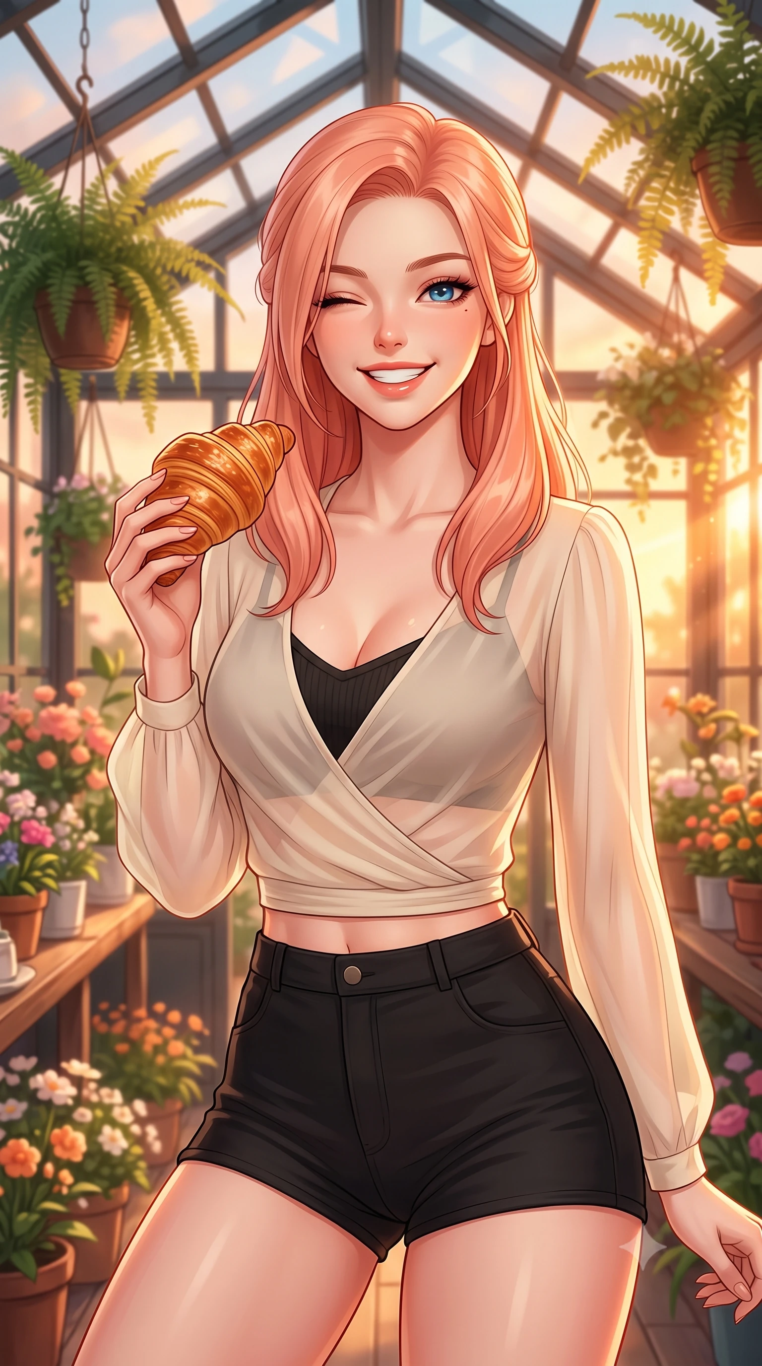 score_9, masterpiece, best quality, ultra-detailed, high-budget anime keyframe, editorial fashion photography, tasteful artistic composition, Japanese woman. close-up cowboy shot from the waist and thighs up, the character dominates the composition, filling the frame with her large presence, background elements kept in soft focus. smiling brightly with a cheerful expression, winking playfully at the viewer set against a soft-focus background of in a quiet glass-roofed sunroom cafe filled with hanging ferns and flower pots holding a freshly baked croissant with a happy, delighted look. She has an exceptionally elegant, slender, and willowy female figure with an ultra-slim waist, a gracefully sculpted slender torso, and a refined silhouette. sharp v-shaped jawline, high-bridge nose, intricate jewel-like eyes with depth, thick eyelashes, glossy lips with a natural sheen. wearing tailored sheer chiffon wrap top in cream, worn over a slim-fit knit bralette and low-cut shorts. golden hour sunset rays painting the cozy interior in a warm orange wash. highly saturated vibrant anime colors, detailed shading with soft gradients, rich glossy textures, high-contrast stereoscopic depth, volumetric dynamic lighting, master piece, 9:16 ratio