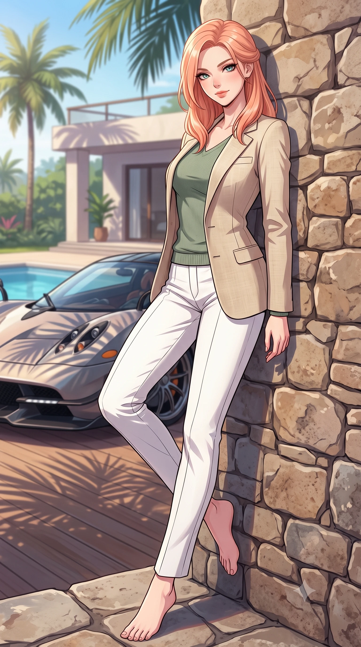score_9, masterpiece, best quality, ultra-detailed, high-budget anime keyframe, tasteful artistic composition, Japanese woman. low angle full-body shot from head to toe showing her feet, filling the entire 9:16 vertical frame with her statuesque presence, stretching her vertical silhouette. leaning back against a rustic stone wall, casting a slow, alluring gaze at the camera the background shows a soft-focus a luxury villa pool deck with a parked supercar overlooking a tropical garden. She has an absolutely perfect, statuesque 8.5-heads proportion, an exceptionally tall and slender model-like female figure with impossibly long slender legs and an ultra-slim waist. sharp v-shaped jawline, high-bridge nose, intricate jewel-like eyes with depth, thick eyelashes, glossy lips with a natural sheen. wearing a form-contouring tailored beige linen blazer over a sage green knit top and white trousers. soft morning sunrays casting elegant shadows of palm leaves across the car. highly saturated vibrant anime colors, cel-shading, 2d style, master piece, 9:16 ratio