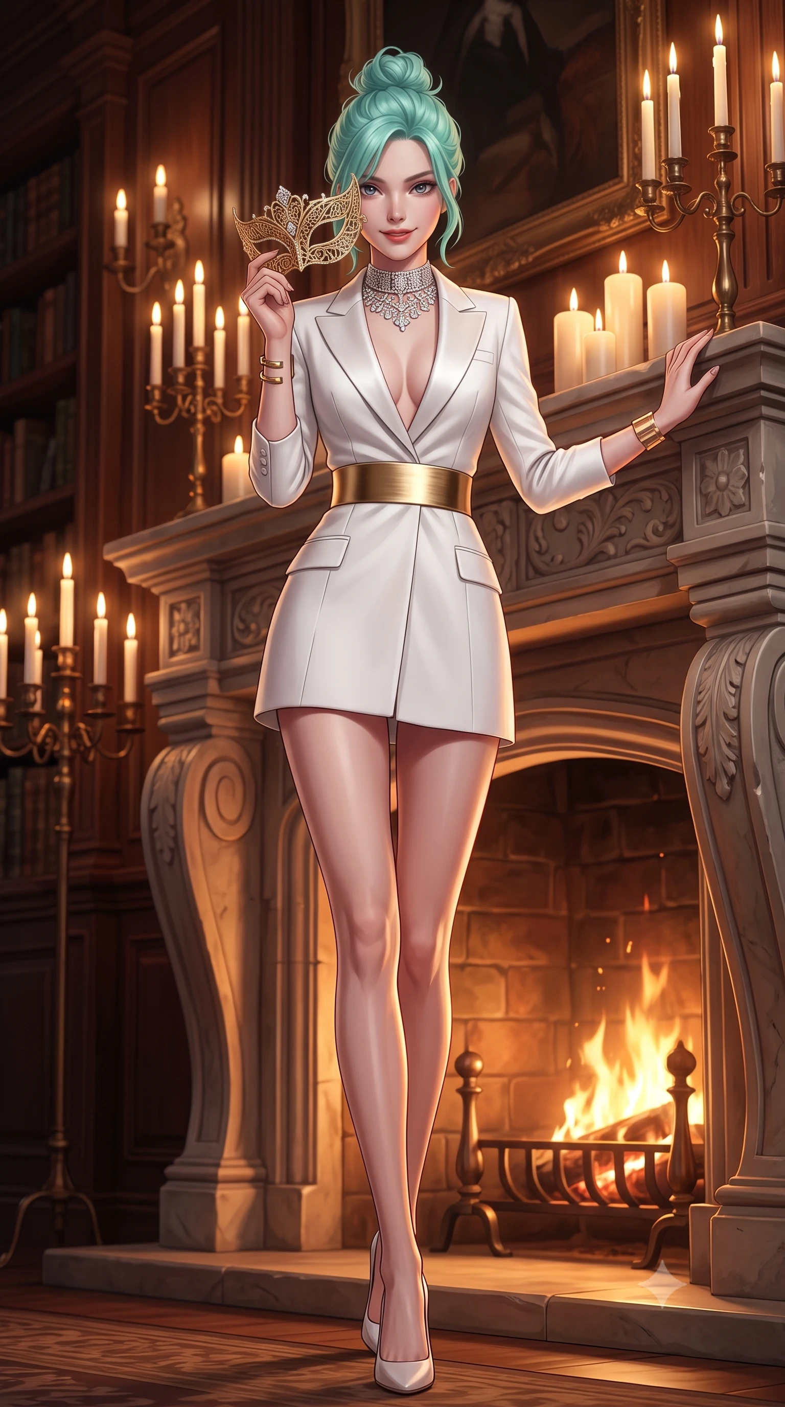 score_9, masterpiece, best quality, ultra-detailed, high-budget anime keyframe, semi-realistic 3D game render, editorial fashion photography, tasteful artistic composition, Japanese woman. low angle full-body shot from head to toe showing her feet, filling the entire 9:16 vertical frame with her statuesque presence, stretching her vertical silhouette. stepping forward gracefully in mid-motion, displaying her toned flat midriff and flawlessly sculpted slender limbs while resting against a candlelit grand fireplace with mask slightly lowered, smiling with dangerous, bewitching elegance. The surrounding environment is rendered in vivid detail and crisp panoramic clarity. intricate laser-cut filigree mask patterns, sparkling diamond necklace facets, and silk velvet textures in deep focus. She has an absolutely perfect, statuesque 8.5-heads proportion, an exceptionally tall and slender model-like female figure with impossibly long slender legs, a toned flat midriff, and an ultra-slim waist. sharp v-shaped jawline, high-bridge nose, intricate jewel-like eyes with depth, thick eyelashes, glossy lips with a natural sheen, captivating and magnetic expression, flawlessly proportioned anatomical accuracy, strict slender model proportions, natural body alignment, perfectly sculpted long slender limbs, ultra-slim waistline, clean dynamic posture without body distortion. wearing a chic tailored white tuxedo jacket dress with satin lapels and an ultra-slim waist-cinching gold belt in pristine royal white and brushed gold, made of structured fine wool crepe and liquid silk satin, accessorized with a bold diamond choker and minimalist gold cuffs edition #23, the form-contouring material adhering flawlessly to her sculpted flat midriff and slender torso, emphasizing her long leg lines and perfectly proportioned willowy build. bathed in romantic warm candelabra glow and dramatic fireplace ember uplights. highly saturated vibrant anime colors, detailed shading with soft gradients, rich glossy textures, high-contrast stereoscopic depth, volumetric dynamic lighting, master piece, 9:16 ratio