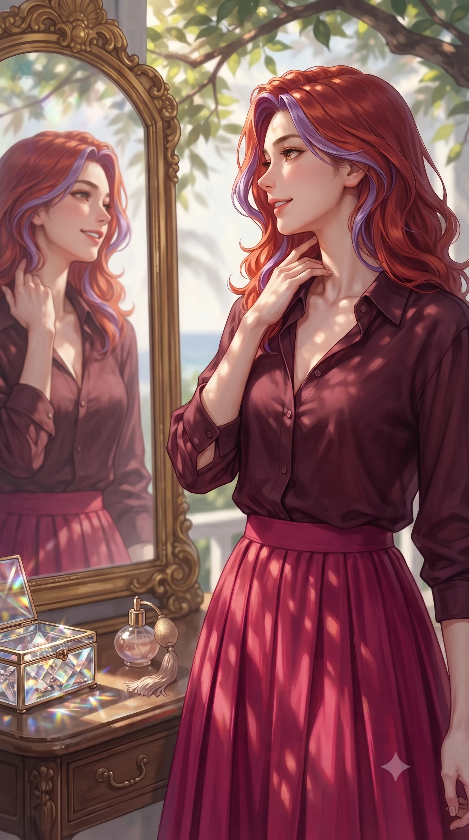 score_9, masterpiece, best quality, ultra-detailed, high-budget anime keyframe, editorial fashion photography, tasteful artistic composition, Caucasian woman. close-up cowboy shot from the waist and thighs up, the character dominates the composition, filling the frame with her large presence, background elements kept in soft focus. gazing into a gilded mirror reflection with a confident, sensual smile, tracing her neck contour set against a soft-focus background of inside an exclusive coastal veranda with a vintage perfume atomizer and crystal jewelry box reflecting soft light. She has an exceptionally elegant, slender, and willowy female figure with an ultra-slim waist, a gracefully sculpted slender torso, and a refined silhouette. sharp v-shaped jawline, high-bridge nose, intricate jewel-like eyes with depth, thick eyelashes, glossy lips with a natural sheen. wearing form-contouring deep burgundy semi-opaque chiffon casual linen button-down shirt paired with a flowy pleated midi skirt featuring refined tailored seams. highlighted by dappled sunlight filtering through leafy branches, creating soft organic patterns. highly saturated vibrant anime colors, detailed shading with soft gradients, rich glossy textures, high-contrast stereoscopic depth, volumetric dynamic lighting, master piece, 9:16 ratio