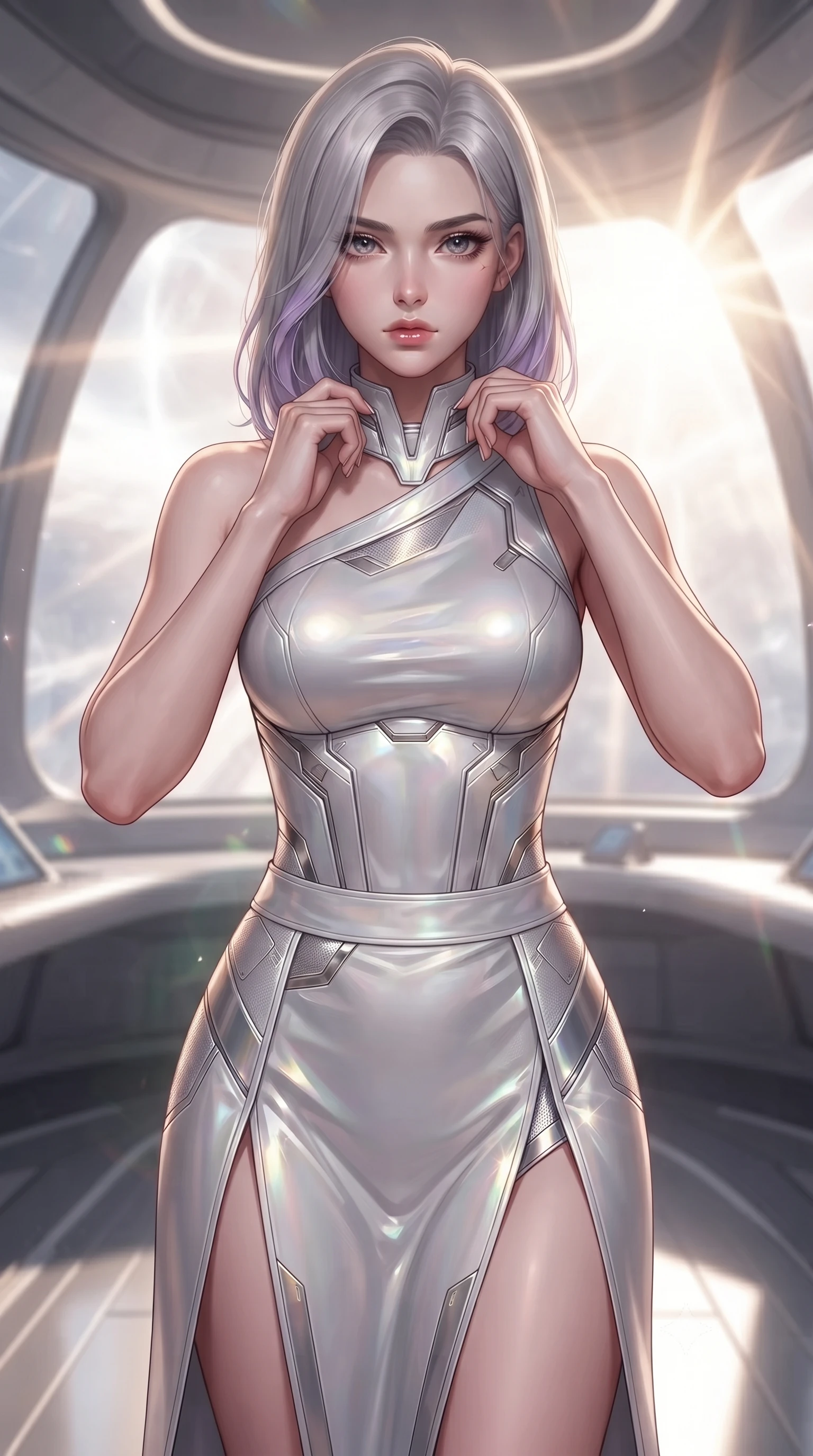 score_9, masterpiece, best quality, ultra-detailed, high-budget anime keyframe, editorial fashion photography, tasteful artistic composition, Caucasian woman. close-up cowboy shot from the waist and thighs up, the character dominates the composition, filling the frame with her large presence, background elements kept in soft focus. adjusting the high collar of her body-hugging suit, looking past the camera with quiet, sharp focus and a composed expression, the background shows a soft-focus a solar sail ship bridge with curved panoramic windows showing solar flares. She has an exceptionally elegant, slender, and willowy female figure with an ultra-slim waist, a gracefully sculpted slender torso, and a refined silhouette. sharp v-shaped jawline, high-bridge nose, intricate jewel-like eyes with depth, thick eyelashes, glossy lips with a natural sheen. wearing a body-hugging asymmetric one-shoulder nanotech bodice paired with a daring high-slit tactical utility wrap skirt. dazzling white solar radiation rays refracting through triple-glazed glass. ultra-reflective glossy finish, specular highlights, metallic sheen, high-contrast stereoscopic depth, volumetric dynamic lighting, 2k, ultra detail, master piece, 9:16 ratio