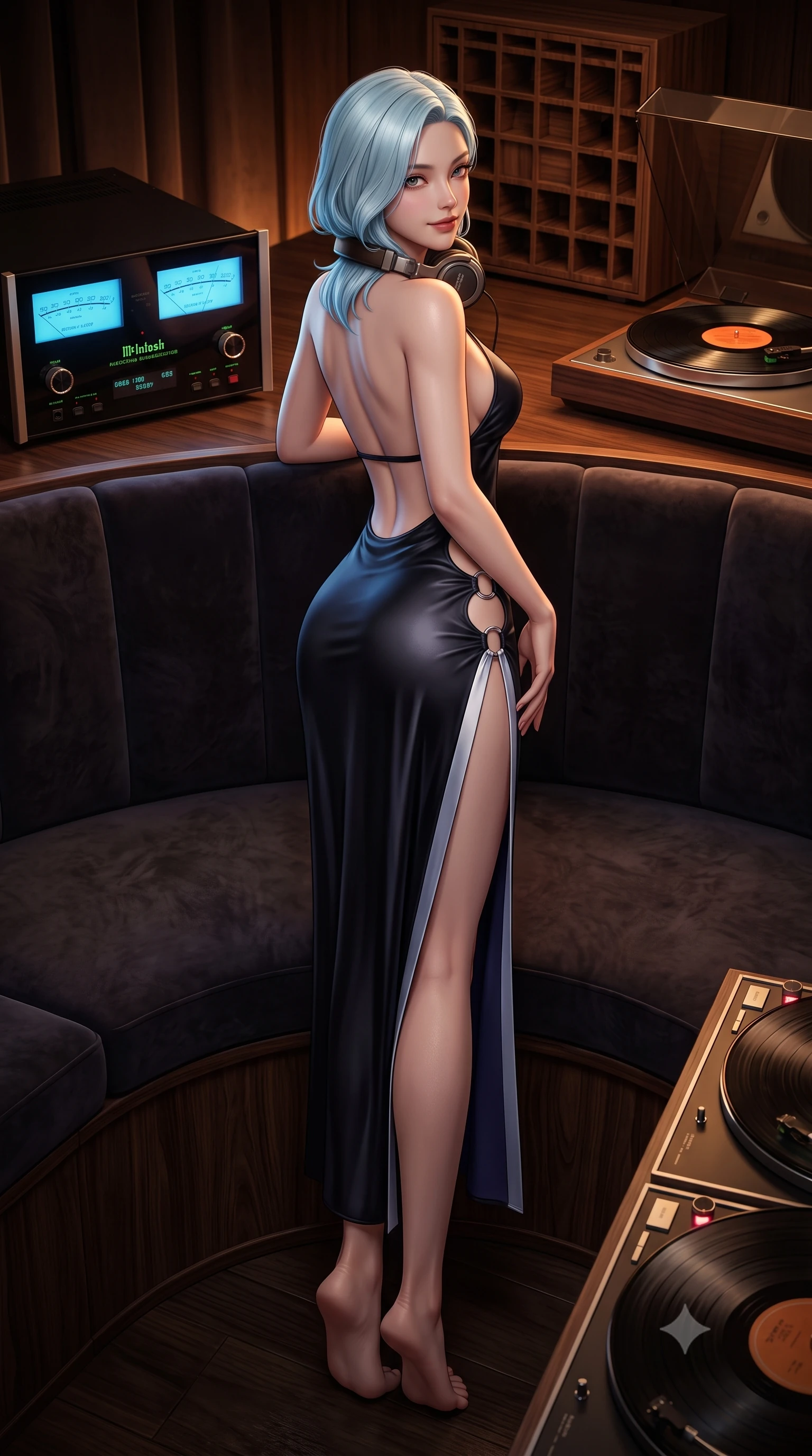 score_9, masterpiece, best quality, ultra-detailed, high-budget anime keyframe, semi-realistic 3D game render, editorial fashion photography, tasteful artistic composition, Korean woman. low angle full-body shot from head to toe showing her feet, filling the entire 9:16 vertical frame with her statuesque presence, stretching her vertical silhouette. posing with back turned slightly to the lens, glancing back with an intoxicating, dangerous smile as she arches her lower back to emphasize her sculpted feminine hips and slender waist while sitting nestled in a dark velvet curved booth with vintage oversized headphones resting on her neck, arching her back with a tantalizing smoldering smile. The surrounding environment is rendered in vivid detail and crisp panoramic clarity. sharp McIntosh glass faceplate dials, walnut wood diffuser grain, and vinyl record groove glints in deep focus. She has an exceptionally tall and slender model-like 8.5-heads proportion, an ultra-slim waist, a flat toned midriff, narrow delicate ribcage, and beautifully sculpted feminine hips creating a graceful, slim hourglass silhouette without any bulky heaviness, with impossibly long slender legs. sharp v-shaped jawline, high-bridge nose, intricate jewel-like dark sparkling eyes with dangerous depth, thick curled eyelashes, glossy parted lips with a rich wine sheen, smoldering seductive half-smile with bedroom-eyes, exuding effortless superiority and intoxicating dark allure, flawlessly proportioned anatomical accuracy, strict slender model proportions, natural body alignment, perfectly sculpted long slender limbs, ultra-slim waistline, clean dynamic posture without body distortion. wearing a backless liquid jet-black halter slip dress with a thigh-high side slit ascending to the high hip in midnight indigo and icy platinum, crafted from heavy fluid silk satin with a liquid mirror-like drape, accented with sculptural chrome hardware rings framing the subtle cutouts, the form-contouring cut accentuating her sculpted flat midriff, narrow delicate ribcage, and gracefully curvy hips with sovereign high-fashion precision. bathed in moody warm tube amplifier amber glow and dark walnut ambient bounce. highly saturated vibrant anime colors, detailed shading with soft gradients, rich glossy textures, high-contrast stereoscopic depth, volumetric dynamic lighting, master piece, 9:16 ratio