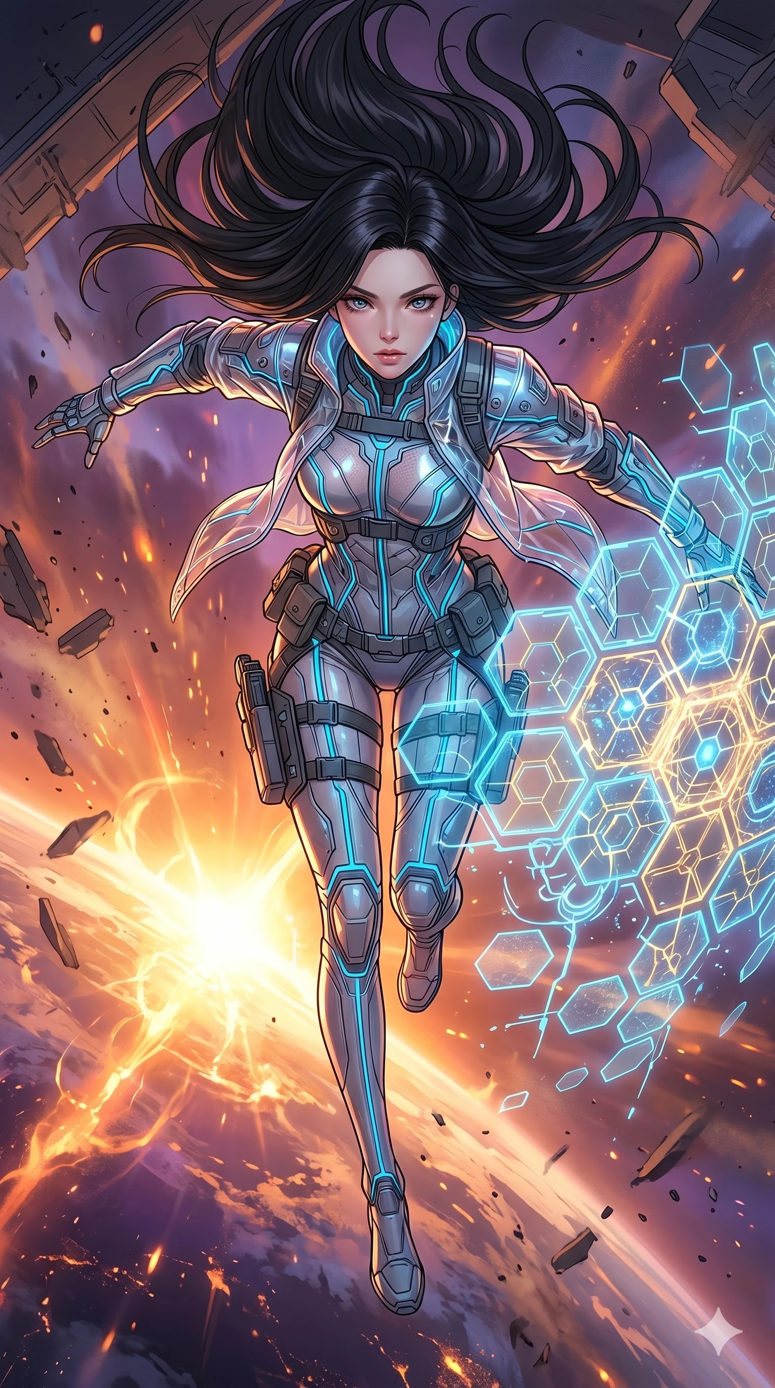 score_9, masterpiece, best quality, ultra-detailed, high-budget anime movie keyframe, cinematic anime lighting, intricate line art, Caucasian (strictly human ears) woman. Extreme high angle shot as she leaps towards the camera, filling the frame. assembling a nano-shield to protect against a solar flare. She has an absolutely perfect 8-heads proportion, an exceptionally tall and slender female figure with an ultra-slim waist and impossibly long slender legs. strictly human anatomy, two legs only, no extra limbs, clearly defined legs and arms, perfect anatomy, perfect hands and fingers. sharp v-shaped jawline, high-bridge nose, intricate jewel-like eyes, thick eyelashes, glossy lips. Wearing Tech-Fantasy: Cybernetic tech-suit with glowing seams, translucent PVC over leotard, and modular tactical gear. The scene is illuminated by dramatic atmospheric lighting and vibrant color palettes. , 2k, ultra detail, master piece, 9:16 ratio