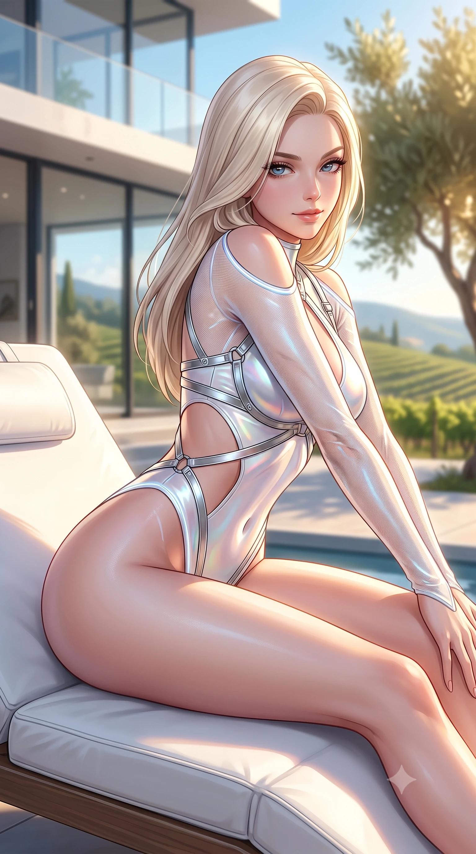 score_9, masterpiece, best quality, ultra-detailed, high-budget anime keyframe, semi-realistic 3D game render, editorial fashion photography, tasteful artistic composition, Caucasian woman. close-up cowboy shot from the waist and thighs up, the character dominates the composition, filling the frame with her large presence. stretching forward with an alluring arch of her spine, glancing over her shoulder with thick eyelashes and a smoldering half-smile while lounging gracefully on a custom white leather sunbed on the terrace of a modern glass villa overlooking hillside vineyards. The composition keeps background elements in soft focus with creamy bokeh. modern glass villa facades and sunlit olive trees softened in luminous shallow depth of field. She has an exceptionally elegant, slender, and willowy female figure with an ultra-slim waist, a gracefully sculpted slender torso, toned flat midriff, and a refined slim silhouette. sharp v-shaped jawline, high-bridge nose, intricate jewel-like eyes with depth, thick eyelashes, glossy lips with a natural sheen, flawlessly proportioned anatomical accuracy, strict slender model proportions, natural body alignment, perfectly sculpted long slender limbs, ultra-slim waistline, clean dynamic posture without body distortion. wearing an ultra-sleek high-cut tech-bodysuit featuring dangerous diagonal slitted cutouts on the midriff and shoulders, reinforced by a metallic silver harness and sheer mesh sleeves in glistening liquid pearl white with rainbow opalescence, made of liquid metal jersey that clings flawlessly to every contour of her build, accented with glowing fiber-optic seams tracing her collarbones and hip curves, the glove-like aerodynamic second-skin fit tightly clinging to her ultra-slender waist and athletic curves without adding bulk, accentuating her razor-sharp statuesque lines and slim hourglass silhouette. bathed in warm golden hour afternoon sunbeams and crisp Mediterranean sky fill light. highly saturated vibrant anime colors, detailed shading with soft gradients, rich glossy textures, high-contrast stereoscopic depth, volumetric dynamic lighting, master piece, 9:16 ratio