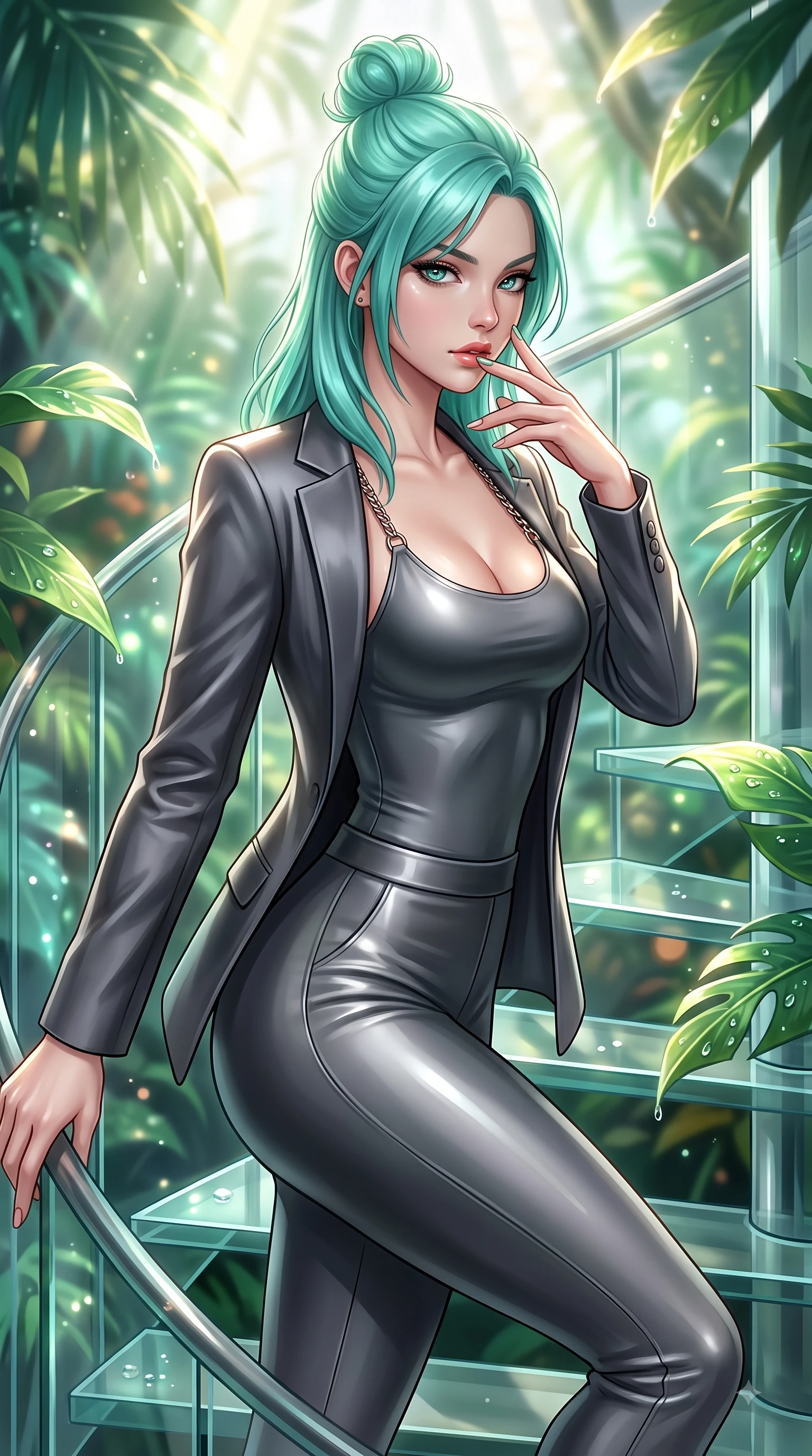 score_9, masterpiece, best quality, ultra-detailed, high-budget anime keyframe, editorial fashion photography, tasteful artistic composition, Japanese woman. close-up cowboy shot from the waist and thighs up, the character dominates the composition, filling the frame with her large presence, background elements kept in soft focus. Resting two fingers near her glossy lips, casting a sharp mysterious side-gaze during her dynamic motion while ascending a vertical glass spiral staircase enveloped by tropical volumetric sunbeams, dewdrops on bioluminescent leaves reflecting vibrant emerald and gold highlights. She has an exceptionally elegant, slender, and willowy female figure with an ultra-slim waist, a gracefully sculpted slender torso, and a refined silhouette. sharp v-shaped jawline, high-bridge nose, intricate jewel-like eyes with depth, thick eyelashes, glossy lips with a natural sheen, flawlessly proportioned anatomical accuracy, natural body alignment, perfectly sculpted elegant limbs, clean dynamic posture without body distortion. wearing a tailored silk blazer over a form-contouring scoop-neck top and slacks in charcoal grey and platinum, formed from sleek second-skin neoprene, adorned with delicate metallic chain straps along the neckline, the form-contouring material highlighting her ultra-slim waist and long lines. surrounded by a bright, airy ambiance with radiant white and green highlights. ultra-reflective glossy finish, specular highlights, metallic sheen, high-contrast stereoscopic depth, volumetric dynamic lighting, 2k, ultra detail, master piece, 9:16 ratio