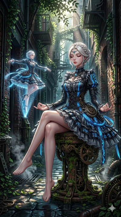 score_9, masterpiece, best quality, ultra-detailed, Set A: High-budget Anime Keyframe, Korean woman. Low angle cowboy shot filling the entire 9:16 frame with her statuesque presence. Theme: Primal Nature. meditating in a steampunk London alleyway, as