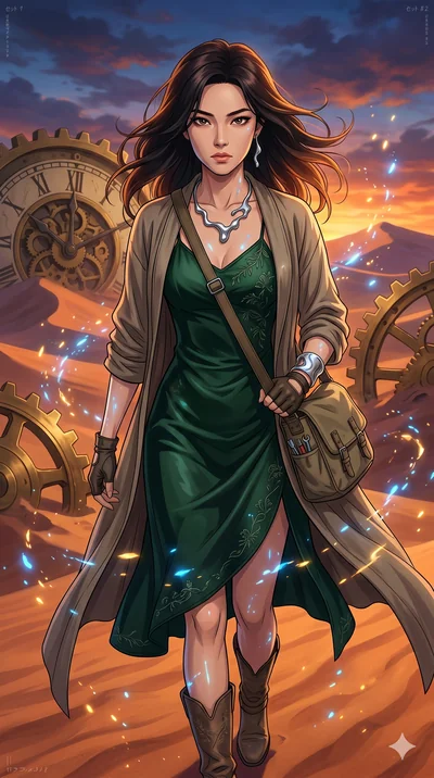 score_9, masterpiece, best quality, ultra-detailed, Set A: High-budget Anime Keyframe, Korean woman. Upper body close-up from the thighs up, character filling the screen for maximum presence. Walking gracefully through a clockwork desert, with a look