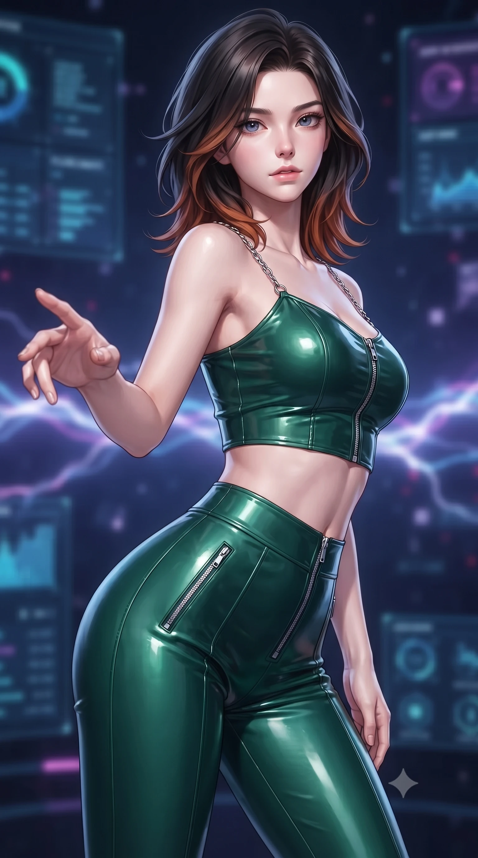 score_9, masterpiece, best quality, ultra-detailed, high-budget anime keyframe, editorial fashion photography, tasteful artistic composition, Korean woman. close-up cowboy shot from the waist and thighs up, the character dominates the composition, filling the frame with her large presence, background elements kept in soft focus. Reaching her hand gracefully toward the camera with magnetic allure, her torso turning in a dynamic S-curve alignment while floating dynamically in a high-tech matrix void surrounded by holographic data panels, glowing plasma arcs pulsating rhythmically in the background atmosphere. She has an exceptionally elegant, slender, and willowy female figure with an ultra-slim waist, a gracefully sculpted slender torso, and a refined silhouette. sharp v-shaped jawline, high-bridge nose, intricate jewel-like eyes with depth, thick eyelashes, glossy lips with a natural sheen, flawlessly proportioned anatomical accuracy, natural body alignment, perfectly sculpted elegant limbs, clean dynamic posture without body distortion. wearing a glossy vinyl crop top and high-waist tailored leggings with sleek zippers in deep emerald green and silver accent, formed from sleek second-skin neoprene, adorned with delicate metallic chain straps along the neckline, the sleek second-skin texture accentuating her magnetic presence. surrounded by a crisp high-tech illumination with high specular contrast. ultra-reflective glossy finish, specular highlights, metallic sheen, high-contrast stereoscopic depth, volumetric dynamic lighting, 2k, ultra detail, master piece, 9:16 ratio