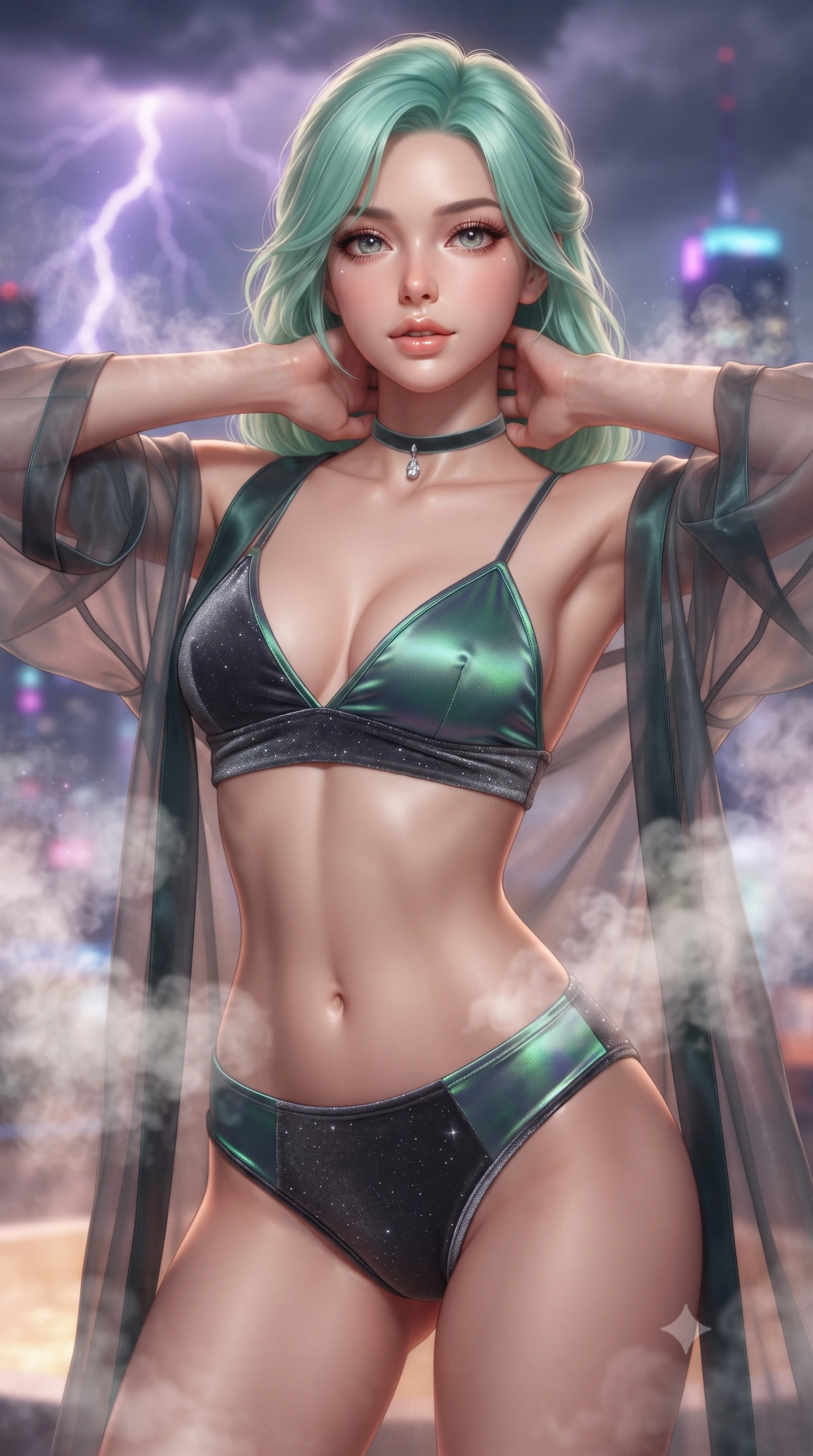 score_9, masterpiece, best quality, ultra-detailed, high-budget anime keyframe, editorial fashion photography, tasteful artistic composition, Japanese woman. close-up cowboy shot from the waist and thighs up, the character dominates the composition, filling the frame with her large presence. resting both hands lightly behind her neck with elbows raised, arching her spine to highlight her narrow waist, flat midriff, and breathtaking collarbones while twisting her slender torso in an alluring S-curve, warm mineral steam swirling around her bare shoulders, flat midriff, and hips as lightning flashes. The background shows a soft-focus swirling storm clouds with purple lightning arcs, distant neon skyscraper antennas, and billowing thermal steam blurred into violet, sapphire, and starlight bokeh. She has an exceptionally elegant, slender, and willowy female figure with an ultra-slim waist, flat toned midriff, narrow ribcage, and sculpted feminine hips creating an alluring, slim hourglass silhouette without bulk. sharp v-shaped jawline, high-bridge nose, sparkling eyes with hypnotic seductive depth, thick curled eyelashes, glossy parted lips with a natural dewy peach sheen, alluring bedroom-eyes with an enchanting coquettish smile, exuding magnetic siren charisma and sophisticated glamour, flawlessly proportioned anatomical accuracy, strict slender model proportions, natural body alignment, perfectly sculpted long slender limbs, ultra-slim waistline, clean dynamic posture without body distortion. wearing a sheer organza kimono robe worn loose and slipping off bare shoulders over a matching satin bralette and high-waisted briefs in iridescent emerald satin and dark charcoal velvet, woven from stretch metallic lurex jersey casting radiant starlight glints across her silhouette, finished with a thin velvet ribbon choker and a single teardrop diamond pendant, the high-slit wrap tailoring accentuating her ultra-slim waistline and the enchanting curve of her feminine hips with alluring seductive charm. bathed in warm underwater thermal tub illumination paired with sudden lightning flash strobes from the storm. ultra-reflective glossy finish, specular highlights, rich textural contrasts, high-contrast stereoscopic depth, volumetric dynamic lighting, 2k, ultra detail, master piece, 9:16 ratio