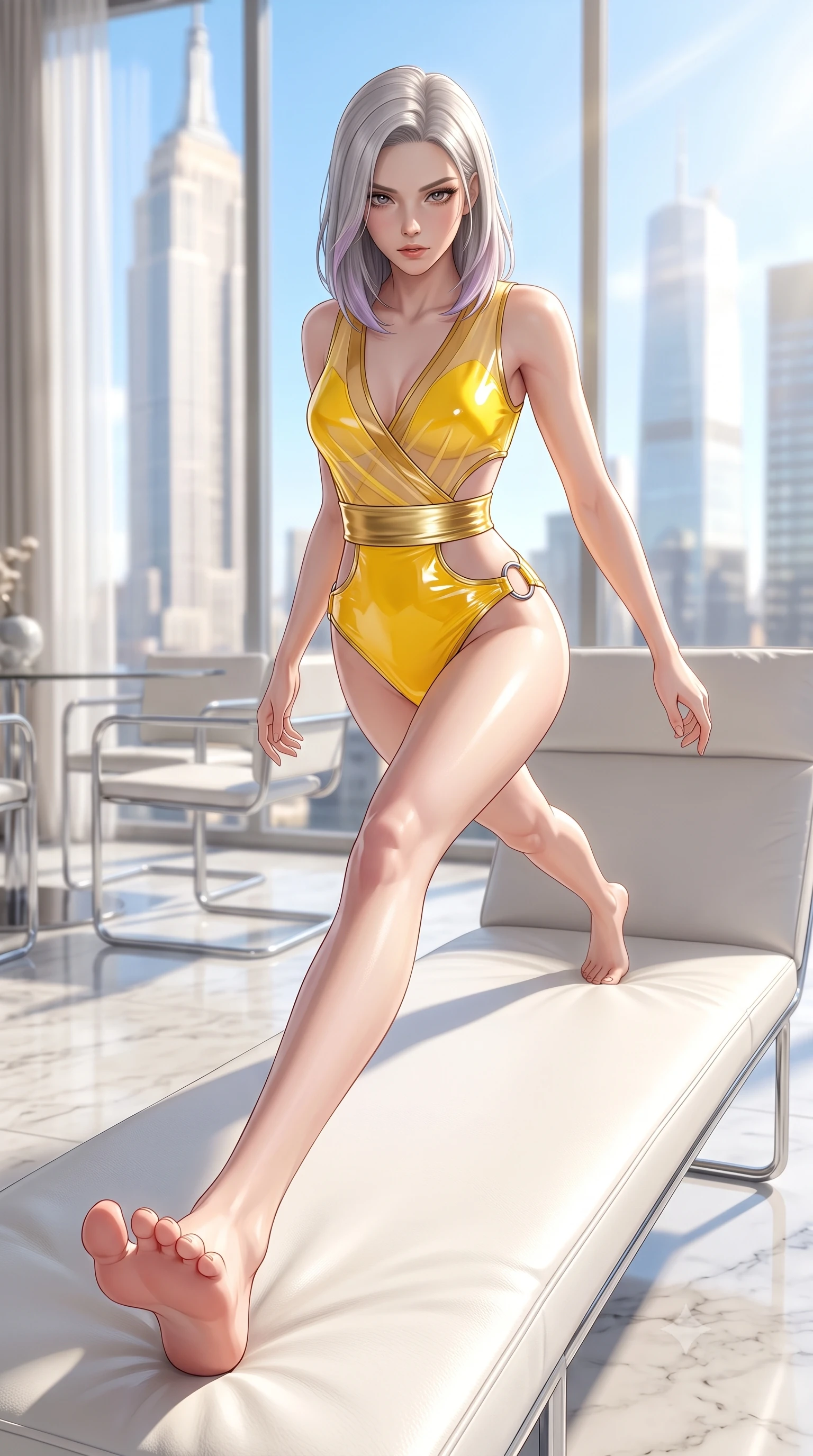 score_9, masterpiece, best quality, ultra-detailed, high-budget anime keyframe, semi-realistic 3D game render, editorial fashion photography, tasteful artistic composition, Caucasian woman. low angle full-body shot from head to toe showing her feet, filling the entire 9:16 vertical frame with her statuesque presence, stretching her vertical silhouette. performing an alluring mid-air vault with flawless poise, looking directly into the camera with smoldering intensity while stretching her long slender legs along a low white leather lounger as natural daylight floods the interior. The composition keeps background elements in soft focus with creamy bokeh. sunlit skyscraper towers and clear blue skies blurred into bright, clean high-key urban bokeh. She has an absolutely perfect, statuesque 8.5-heads proportion, an exceptionally tall and slender model-like female figure with impossibly long slender legs, a toned flat midriff, and an ultra-slim waist. sharp v-shaped jawline, high-bridge nose, intricate jewel-like eyes with depth, thick eyelashes, glossy lips with a natural sheen, flawlessly proportioned anatomical accuracy, strict slender model proportions, natural body alignment, perfectly sculpted long slender limbs, ultra-slim waistline, clean dynamic posture without body distortion. wearing a shortened cyber-fusion wrap top with transparent chiffon panels, a deep crossover neckline, and a high-waisted metallic sash that accentuates her ultra-slim waist in vibrant sunburst canary yellow and gold trim, formed from high-gloss patent material with specular light reflections, detailed with polished silver rings connecting the daring side-waist cutouts, the sleek second-skin cut tightly hugging her graceful clavicle, narrow waist, and feminine curves with athletic precision. illuminated by crisp white studio key light with specular chrome and marble reflections. highly saturated vibrant anime colors, detailed shading with soft gradients, rich glossy textures, high-contrast stereoscopic depth, volumetric dynamic lighting, master piece, 9:16 ratio
