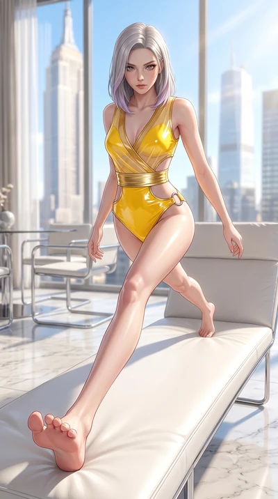 score_9, masterpiece, best quality, ultra-detailed, high-budget anime keyframe, semi-realistic 3D game render, editorial fashion photography, tasteful artistic composition, Caucasian woman. low angle full-body shot from head to toe showing her feet, 