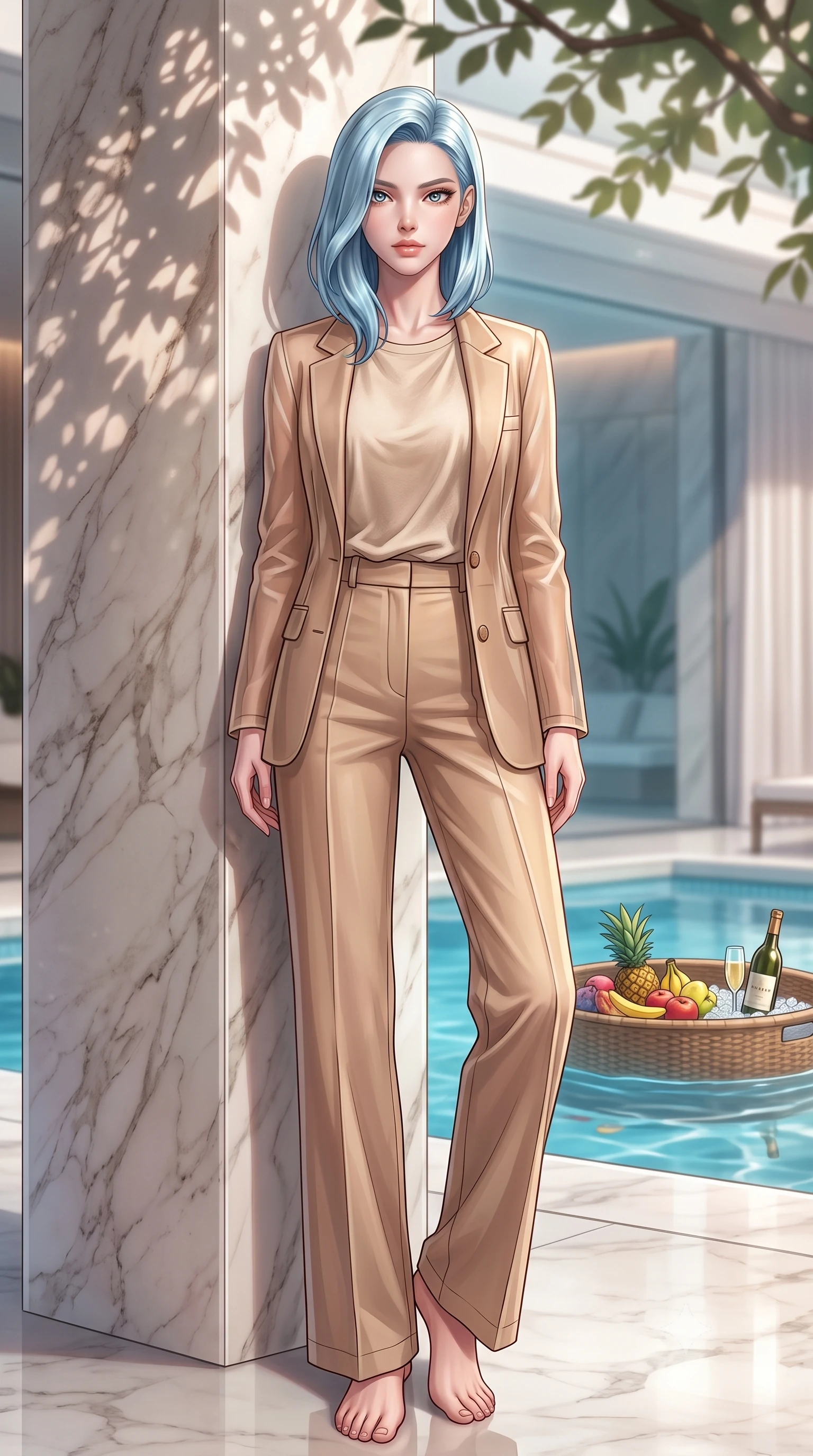 score_9, masterpiece, best quality, ultra-detailed, high-budget anime keyframe, editorial fashion photography, tasteful artistic composition, Korean woman. low angle full-body shot from head to toe showing her feet, filling the entire 9:16 vertical frame with her statuesque presence, stretching her vertical silhouette. posing with effortless allure against a polished marble pillar, her refined silhouette bathed in soft lighting set against a soft-focus background of inside an exclusive vanity suite with a floating pool tray of tropical fruits and chilled wine in soft focus. She has an absolutely perfect, statuesque 8.5-heads proportion, an exceptionally tall and slender model-like female figure with impossibly long slender legs and an ultra-slim waist. sharp v-shaped jawline, high-bridge nose, intricate jewel-like eyes with depth, thick eyelashes, glossy lips with a natural sheen. wearing tailored warm beige sheer organza tailored casual blazer paired with a loose tee and wide-leg trousers featuring refined tailored seams. highlighted by dappled sunlight filtering through leafy branches, creating soft organic patterns. highly saturated vibrant anime colors, detailed shading with soft gradients, rich glossy textures, high-contrast stereoscopic depth, volumetric dynamic lighting, master piece, 9:16 ratio