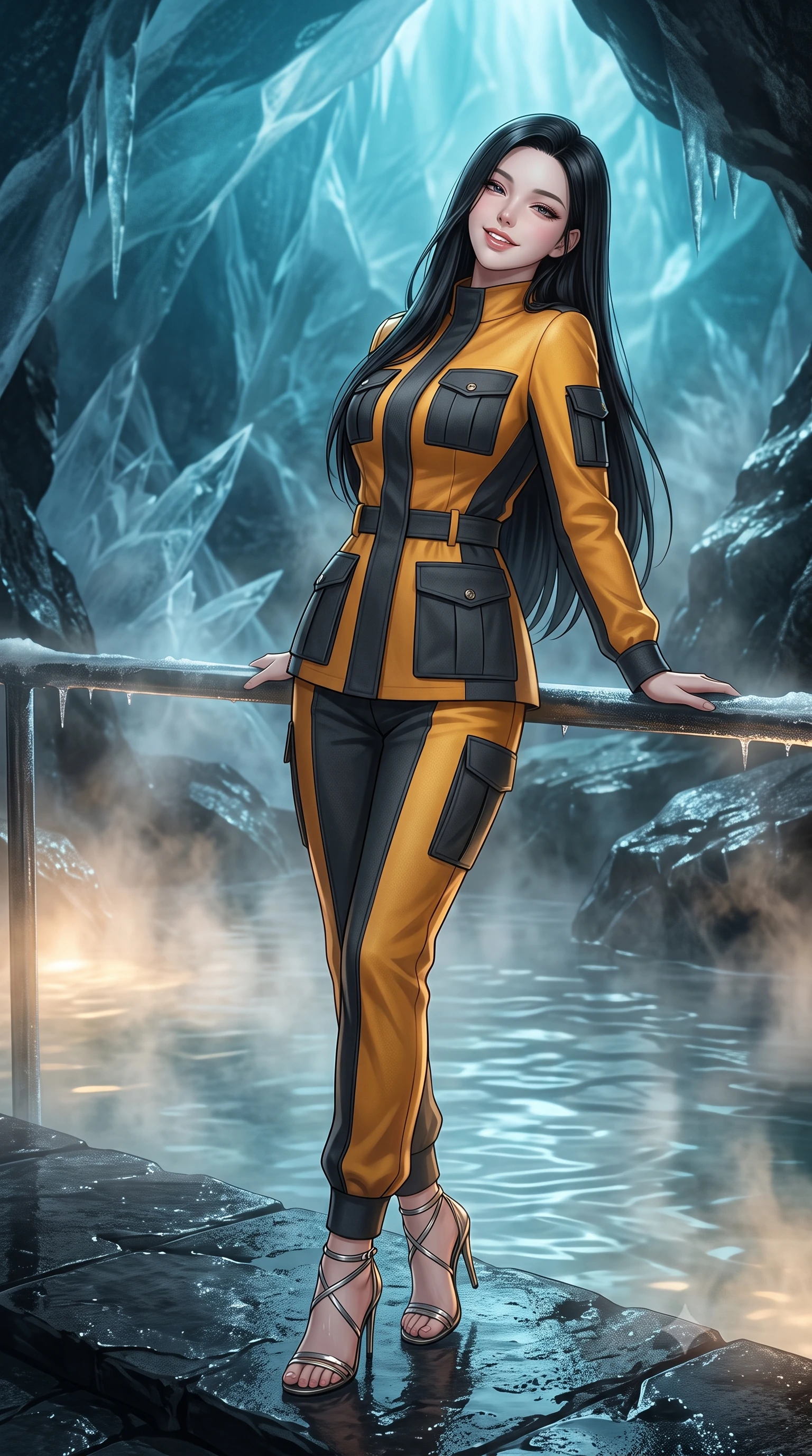 score_9, masterpiece, best quality, ultra-detailed, high-budget anime keyframe, editorial fashion photography, tasteful artistic composition, Korean woman. close-up cowboy shot from the waist and thighs up, the character dominates the composition, filling the frame with her large presence. leaning back against the balustrade with relaxed seductive grace, head tilted back slightly while casting a hypnotic, heavy-lidded gaze while standing poised on the heated black slate edge of the subterranean cryo-lagoon inside ancient glacial ice, arching her back with siren poise as warm mineral vapors rise. The surrounding environment is rendered in vivid detail and crisp panoramic clarity: sharp frozen ice crystal fractures, wet black basalt stone textures, and pristine thermal water ripples in deep focus. She has an exceptionally elegant, slender, and willowy female figure with an ultra-slim waist, flat toned midriff, narrow ribcage, and sculpted feminine hips creating an alluring, slim hourglass silhouette without bulk. sharp v-shaped jawline, high-bridge nose, intricate jewel-like sparkling eyes with depth, thick eyelashes, glossy parted lips with a natural peach sheen, bright cheerful beaming smile with an enchanting and coquettish sensual glint, exuding both youthful cute charm and seductive allure, flawlessly proportioned anatomical accuracy, strict slender model proportions, natural body alignment, perfectly sculpted long slender limbs, ultra-slim waistline, clean dynamic posture without body distortion. wearing a tailored high-tech safari suit with storm flaps and streamlined utility pockets in matte carbon finish in solar-flare gold and interstellar onyx, crafted from bespoke double-faced cashmere with an exceptionally soft tactile finish, complemented by strappy stiletto sandals with metallic ankle wraps accentuating her slender calves, the bespoke structured tailoring following the natural line of her 8.5-heads silhouette with refined elegance. bathed in natural turquoise light filtering through dense glacial ice combined with soft warm 2700K underwater thermal LEDs. ultra-reflective glossy finish, specular highlights, rich textural contrasts, high-contrast stereoscopic depth, volumetric dynamic lighting, 2k, ultra detail, master piece, 9:16 ratio