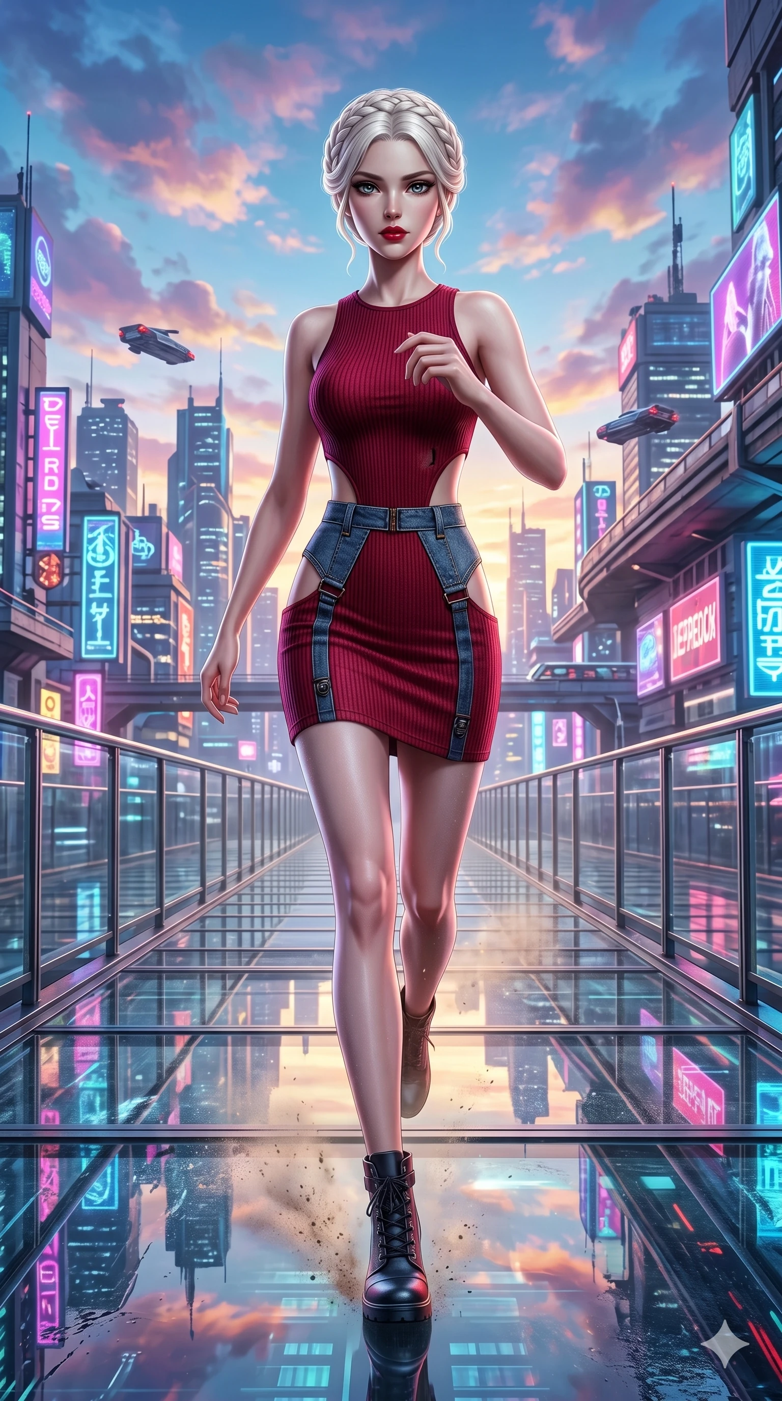 score_9, masterpiece, best quality, ultra-detailed, Set A: Photorealistic 8k CG, Japanese woman. Low angle cowboy shot filling the entire 9:16 frame with her statuesque presence. Sprinting across a glass bridge over a sprawling cyberpunk metropolis at dawn with colorful clouds. She has an absolutely perfect 8-heads proportion, an exceptionally tall and slender female figure with impossibly long slender legs and an ultra-slim waist. Sharp v-shaped jawline, high-bridge nose, intricate jewel-like eyes with depth, thick eyelashes, glossy lips. Wearing an Urban Trendsetter outfit: ribbed bodycon dress in deep crimson with strategic side cut-outs and high-waist denim accents. Background is a bright and colorful city skyline with neon reflections on glass surfaces. 2k, ultra detail, master piece, 9:16 ratio