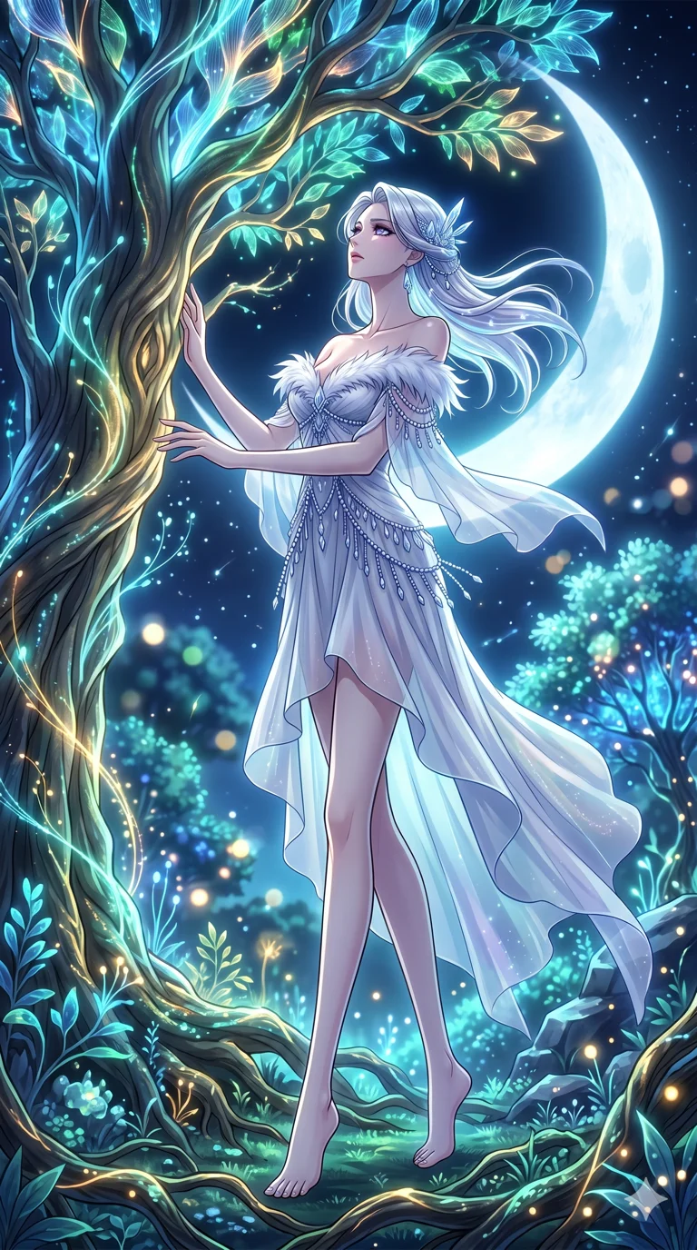 score_9, masterpiece, best quality, ultra-detailed, High-budget Anime Keyframe, vibrant colors, fluid line-art, expressive lighting, cinematic composition, Ufotable-style visual effects, top-tier animation quality, Caucasian woman with pale skin and refined features. Dynamic full-body shot stretching the vertical silhouette, capturing her from a powerful low-angle perspective. Communing with a ancient tree whose leaves are made of translucent fiber-optics. She has an absolutely perfect 8-heads proportion, an exceptionally tall and slender female figure with impossibly long slender legs and an ultra-slim waist, her statuesque height and towering silhouette dominating the vertical 9:16 frame. Her face is a masterpiece featuring a sharp v-shaped jawline, high-bridge nose, intricate jewel-like eyes with depth, thick eyelashes, and glossy lips with a natural sheen. She is wearing a Flowing silk chiffon dress with an asymmetrical hem, feather-trimmed off-the-shoulder top, crystalline beaded fringe, and translucent flowing sleeves.. The scene is set in a mystical grove under a giant glowing moon that illuminates the fiber-optic flora. 2k, ultra detail, master piece, 9:16 ratio
