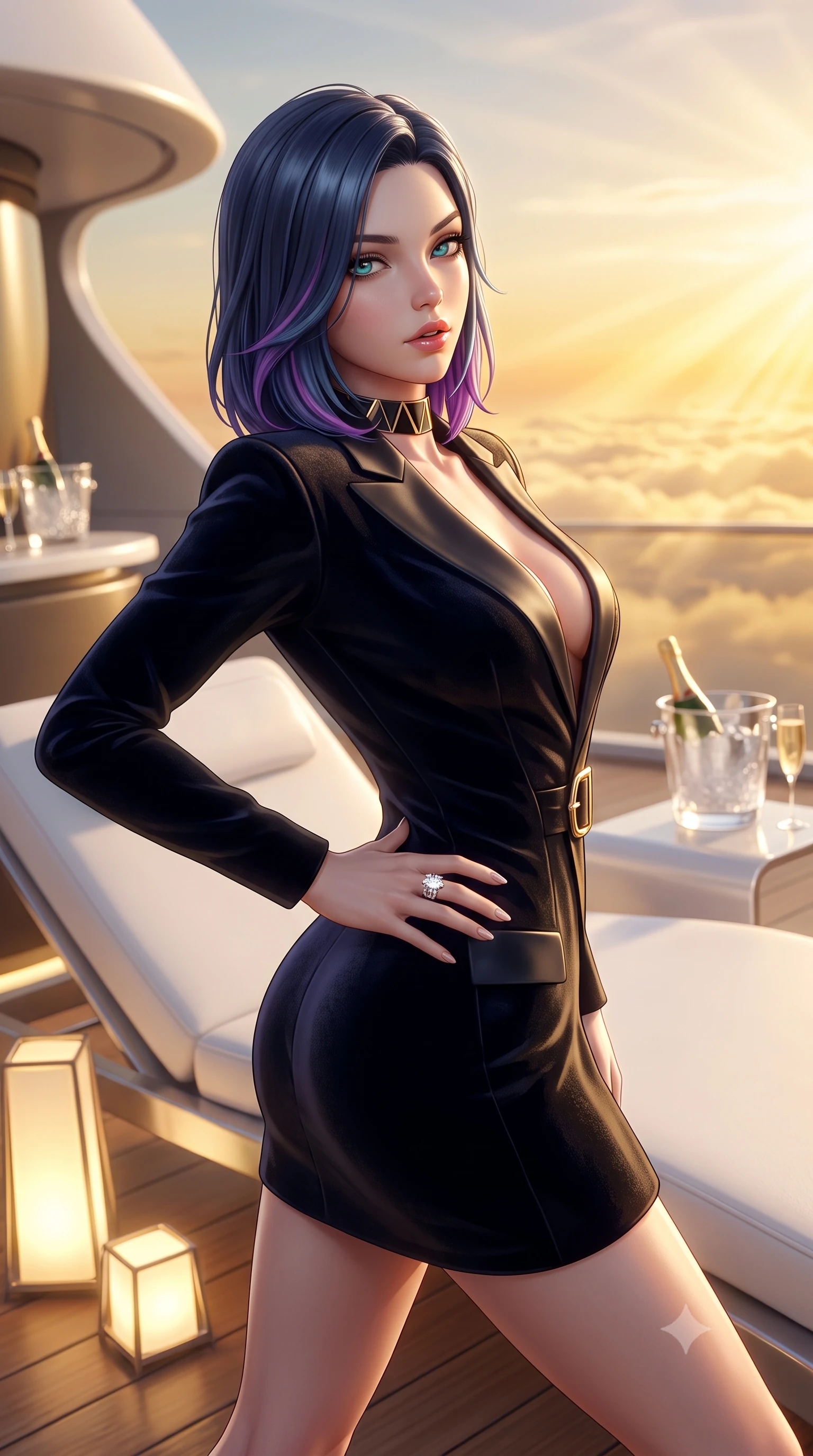 score_9, masterpiece, best quality, ultra-detailed, high-budget anime keyframe, semi-realistic 3D game render, editorial fashion photography, tasteful artistic composition, Caucasian woman. close-up cowboy shot from the waist and thighs up, the character dominates the composition, filling the frame with her large presence. posing in an alluring rear three-quarter angle, arching her lower back in a pronounced S-curve with one hand on her hip, glancing seductively over her bare shoulder with parted glossy lips while reclining across a sleek white daybed surrounded by glowing solar collectors, her long slender legs and narrow waist highlighted against the golden cloud ocean. The composition keeps background elements in soft focus with creamy bokeh. aerodynamic penthouse bulkheads and crystal champagne buckets softened in ultra-luxury shallow focus. She has an exceptionally elegant, slender, and willowy female figure with an ultra-slim waist, flat toned midriff, narrow ribcage, and sculpted feminine hips creating an alluring, slim hourglass silhouette without bulk. sharp v-shaped jawline, high-bridge nose, intricate jewel-like eyes with depth, thick eyelashes, glossy parted lips with a natural sheen, intensely captivating and seductive bedroom-eyes expression, flawlessly proportioned anatomical accuracy, strict slender model proportions, natural body alignment, perfectly sculpted long slender limbs, ultra-slim waistline, clean dynamic posture without body distortion. wearing a tailored velvet tuxedo jacket dress with satin lapels, worn with a deep plunge neckline and gold hip buckle in midnight obsidian black and liquid gold, made of sheer contouring power-mesh with velvet flocking patterns, complemented by a bold geometric choker and sparkling cocktail ring, the form-contouring material adhering flawlessly to her sculpted flat midriff and slender torso, emphasizing her long leg lines and perfectly proportioned willowy build. bathed in glorious golden hour stratospheric sunbeams streaming unobstructed across the cloud deck. highly saturated vibrant anime colors, detailed shading with soft gradients, rich glossy textures, high-contrast stereoscopic depth, volumetric dynamic lighting, master piece, 9:16 ratio