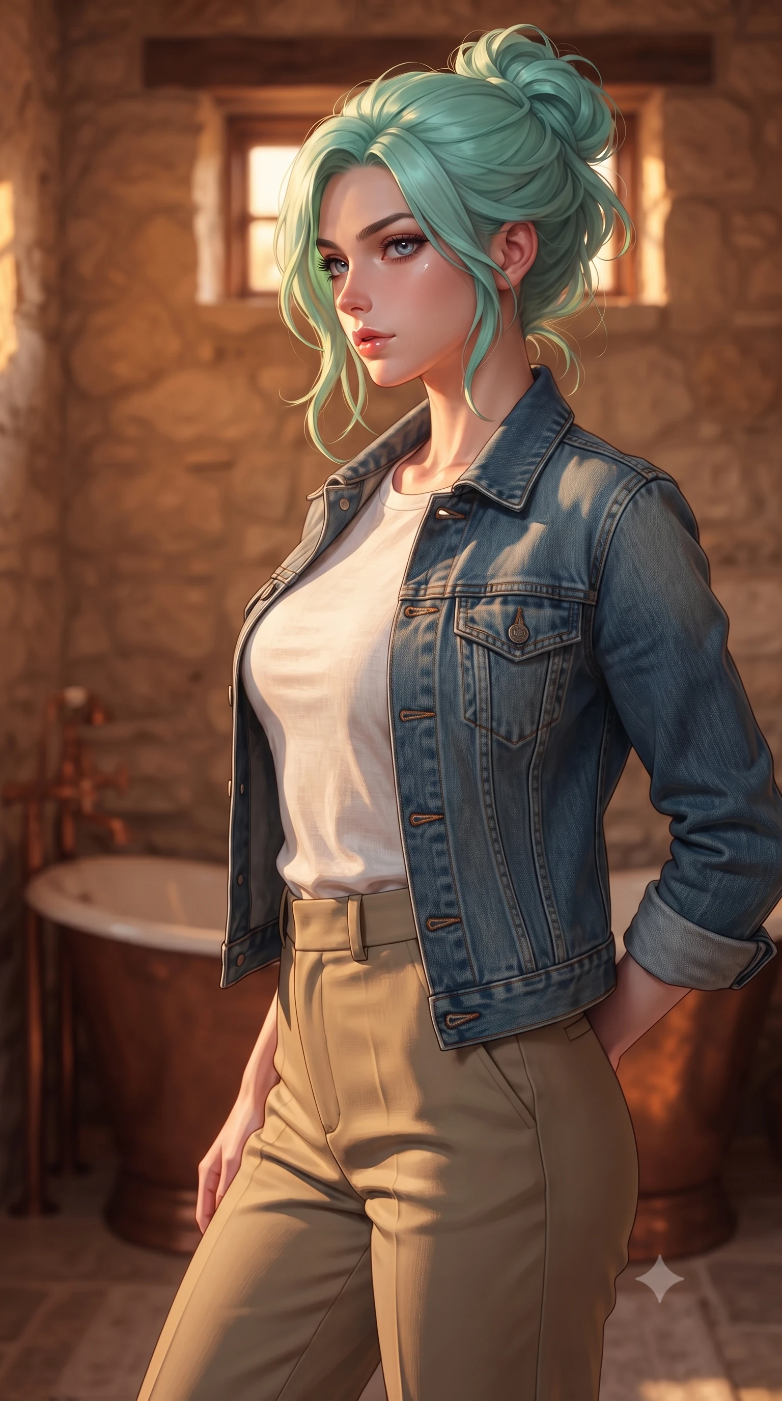 score_9, masterpiece, best quality, ultra-detailed, high-budget anime keyframe, editorial fashion photography, tasteful artistic composition, Japanese woman woman. close-up cowboy shot from the waist and thighs up, the character dominates the composition, filling the frame with her large presence, background elements kept in soft focus. turning her face in sharp profile, casting a cold, mysterious, yet intensely alluring side gaze, the background shows a soft-focus a private washroom with a vintage copper bathtub and stone walls. She has an exceptionally elegant, slender, and willowy female figure with an ultra-slim waist, a gracefully sculpted slender torso, and a refined silhouette. sharp v-shaped jawline, high-bridge nose, intricate jewel-like eyes with depth, thick eyelashes, glossy lips with a natural sheen. wearing a tailored clean-cut denim jacket over a white linen tee and khaki trousers. warm sunset light filtering through a small high window, painting the stone in orange. ultra-reflective glossy finish, specular highlights, metallic sheen, high-contrast stereoscopic depth, volumetric dynamic lighting, 2k, ultra detail, master piece, 9:16 ratio